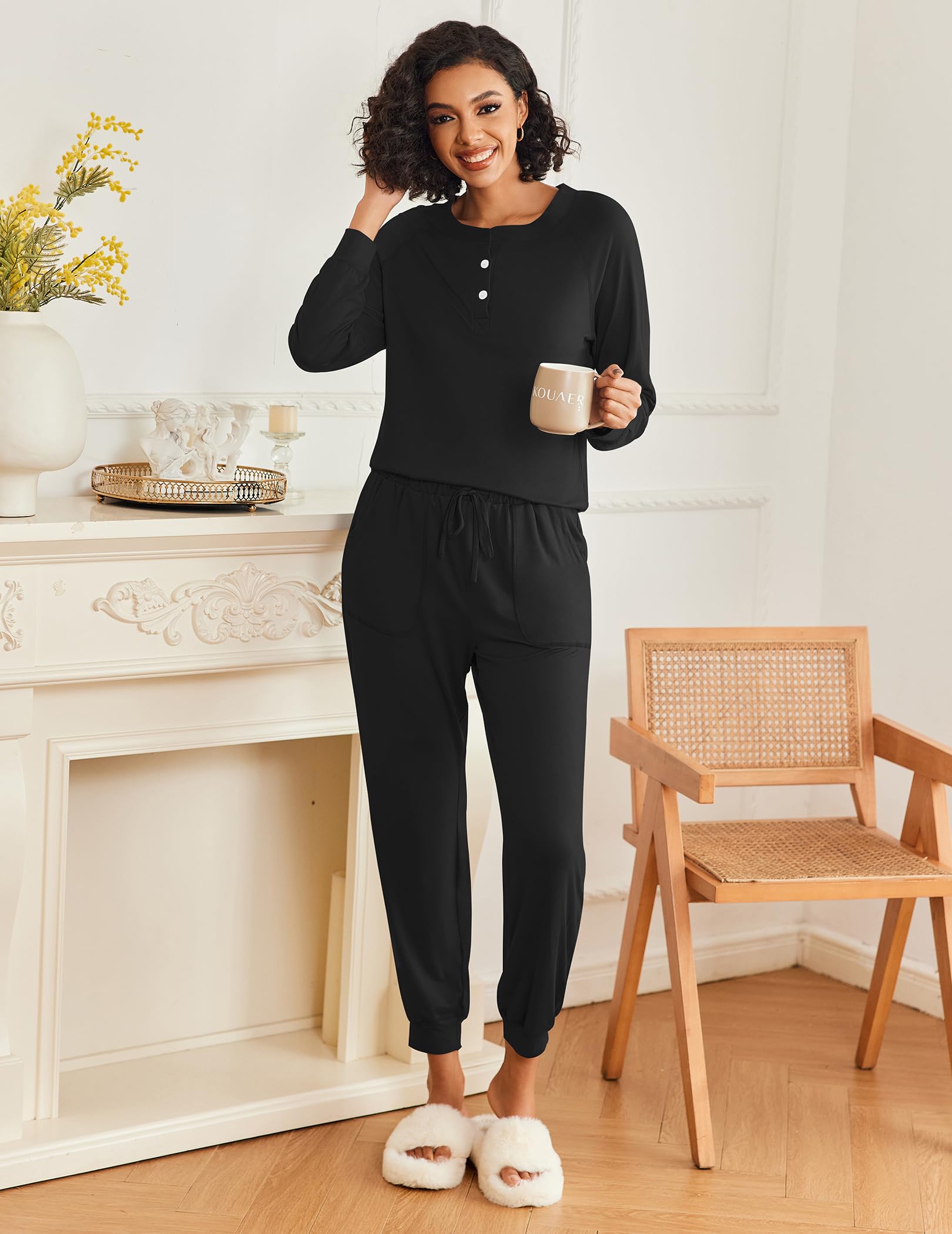 Ekouaer Women's Long Sleeve Pajama Set - Soft 2-Piece Jogger Lounge Wear with Pockets (S-XXL) | Cozy Sleepwear for Nighttime & Relaxing at Home