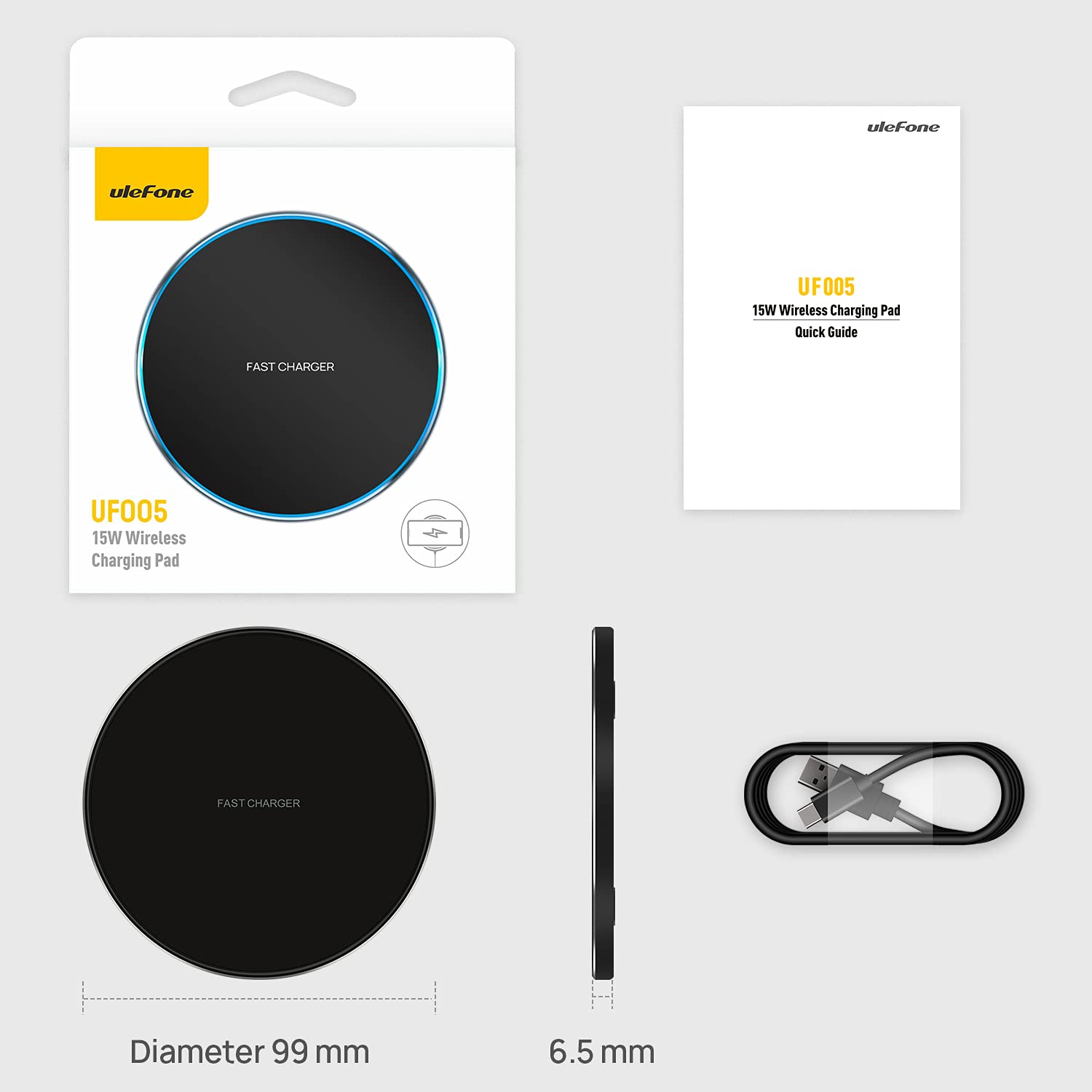 Ulefone UF005 Qi-Certified 15W Max Fast Wireless Charging Pad - Compatible with Power Armor 14/14 Pro/13, 18/T, 19/T & iPhone/Samsung/Galaxy - Perfect for Home, Office & Travel Use