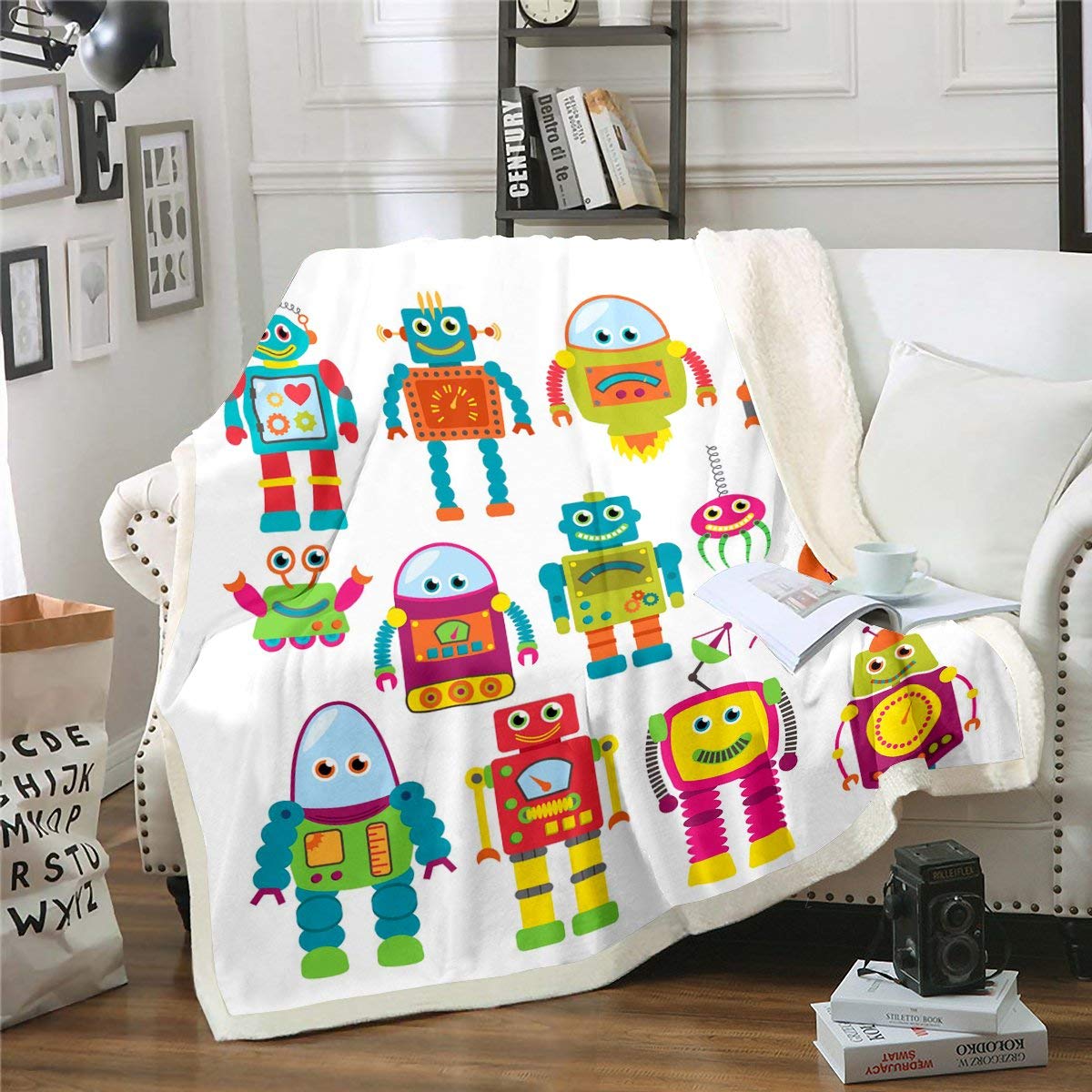 Sherpa Robot Blanket for Kids - Colorful Cartoon Robot Fleece Throw 50