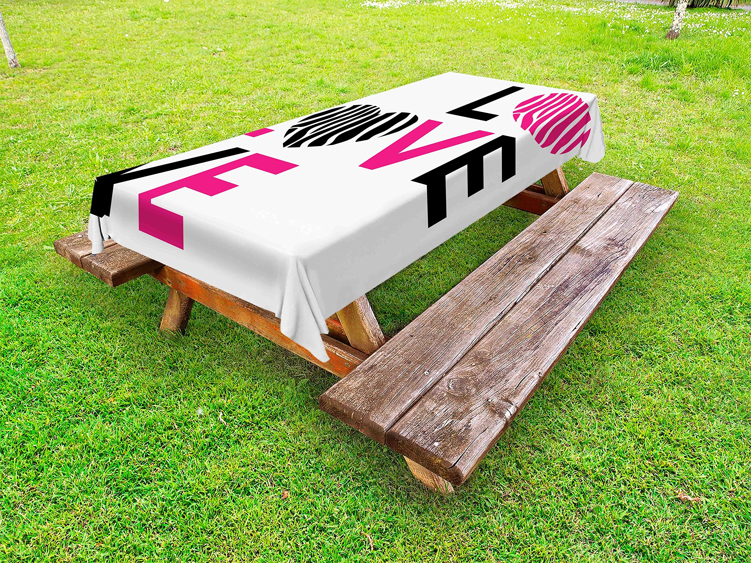 Ambesonne Pink Zebra Print Outdoor Tablecloth - Waterproof Washable Picnic Table Cover 58x84 Inches - Valentine's Day Decor with Hearts & Calligraphy - Perfect for Garden Parties, BBQs, and Romantic Dinners (Pink, Black, White)