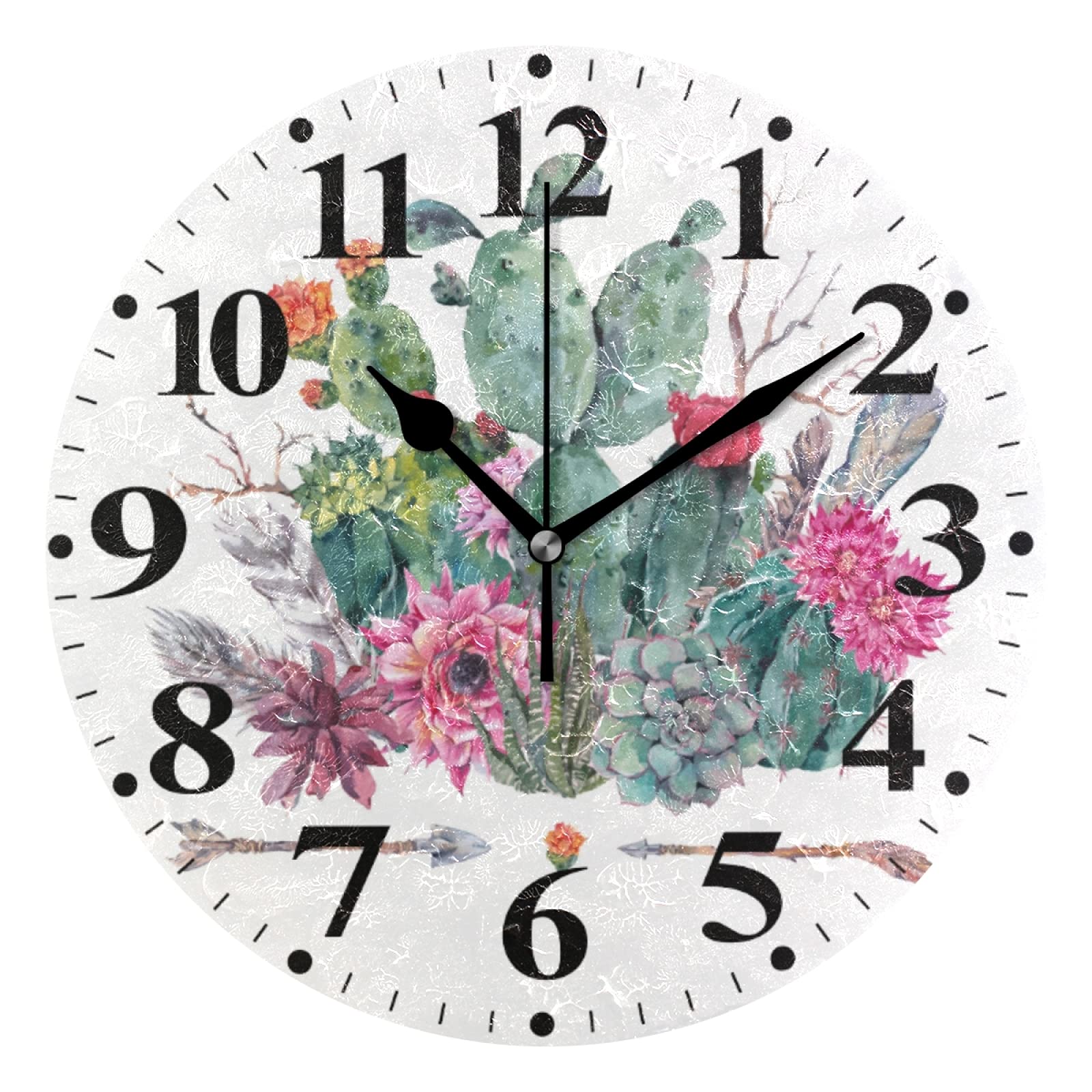 Boho Cactus Flower Printed Round Wall Clock - 9.8 Inch Battery Operated Home Decor for Living Room, Bedroom & Office - Unique Desert-Themed Wall Art for Home & Workspace