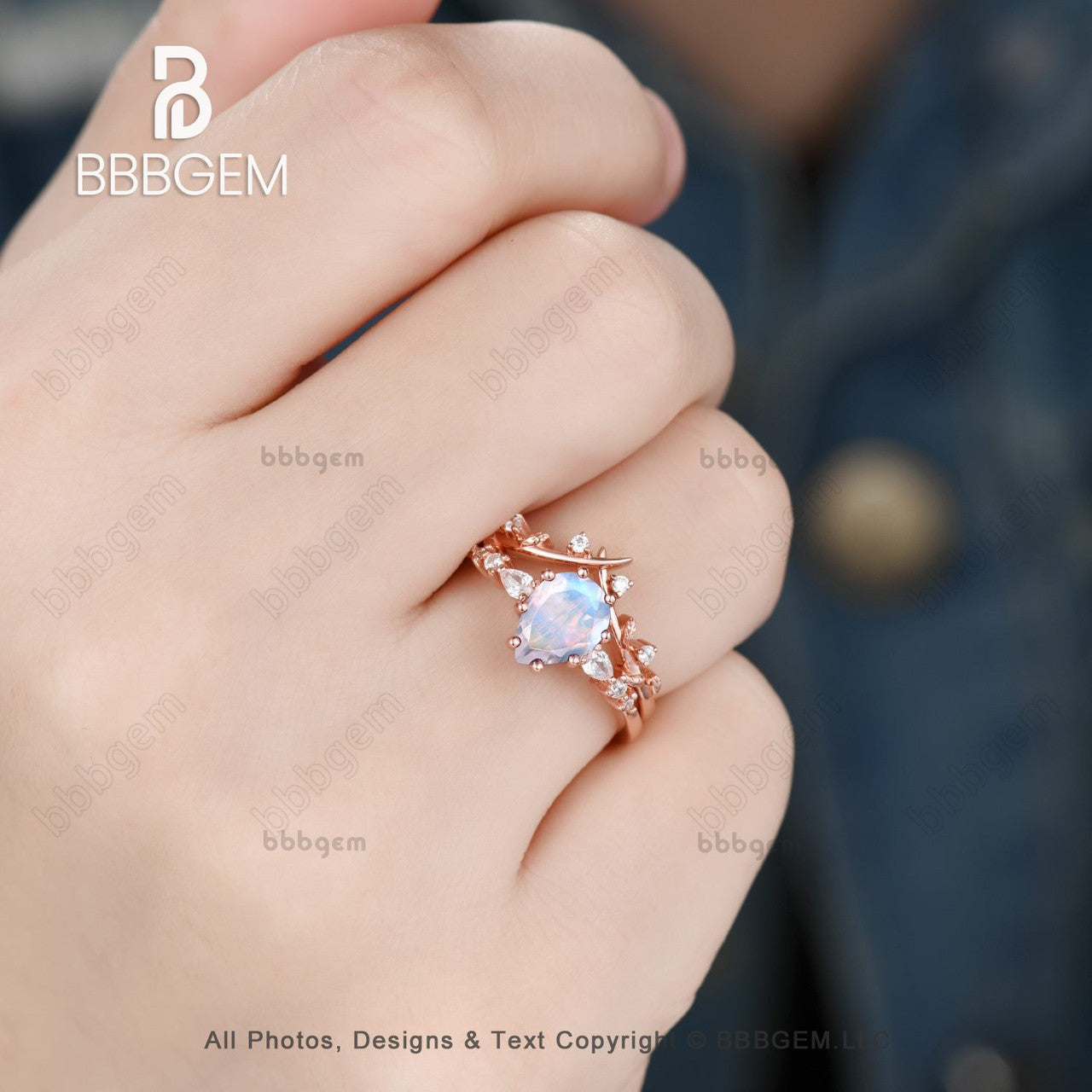 Pear Cut Moonstone & Moissanite Promise Ring Set for Women - Nature Inspired Leaf Stacking Band - Perfect for Engagement, Wedding, Anniversary Gifts & Everyday Boho Jewelry