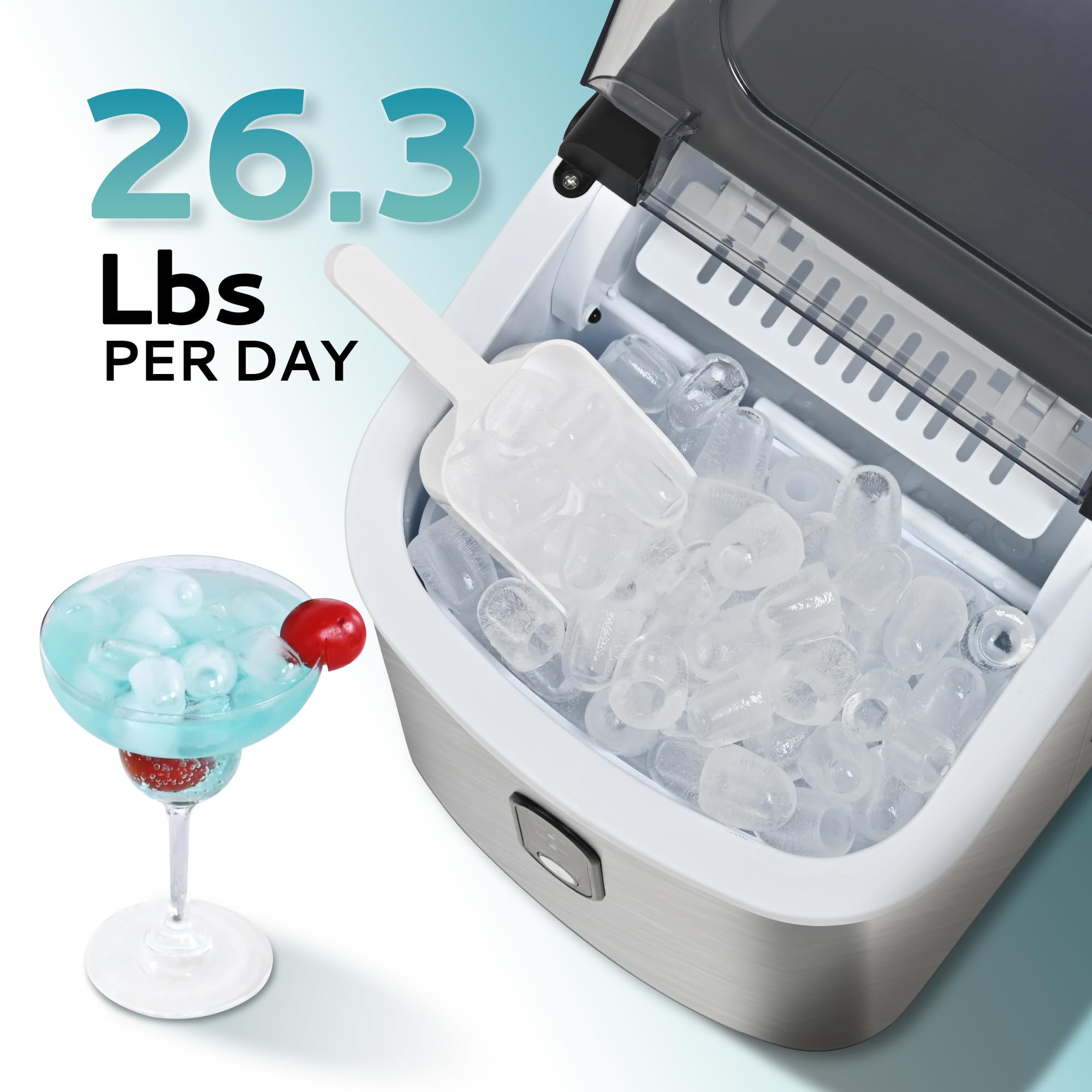 EUHOMY Portable Ice Maker Machine - 26.3lbs Daily, 9 Cubes in 6 Minutes, Auto-Cleaning Countertop Ice Maker with Handle, Basket & Scoop - Perfect for Home, Kitchen, Camping, RV & Office Use (Silver)