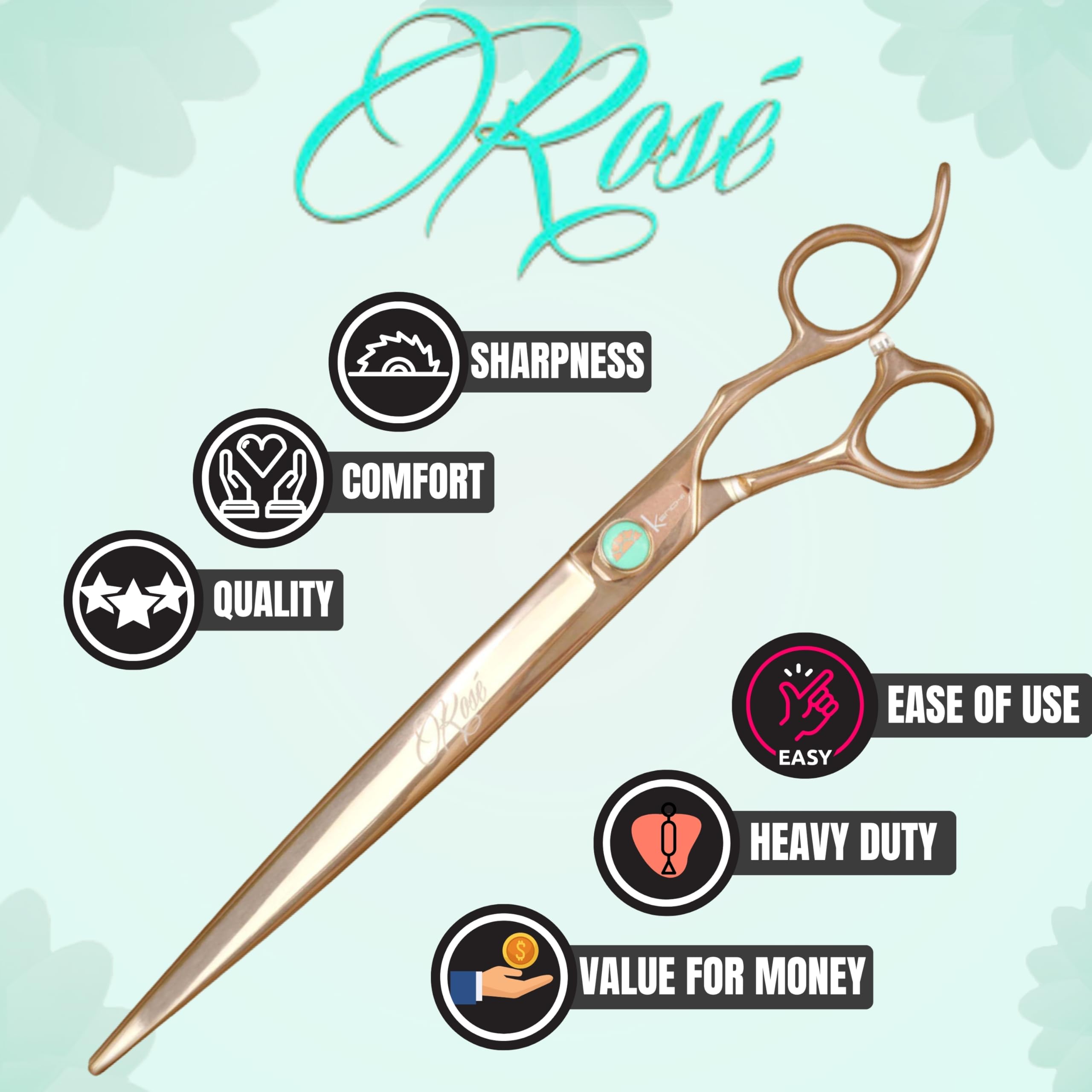 Premium Kenchii Rose Dog Grooming Scissors - 9 Inch Professional Straight Shears for Precise Pet Hair Cutting | Ergonomic Handle for Comfort | Heavy Duty Sharp Stainless Steel Blades | Perfect for Professional Groomers & Home Pet Care