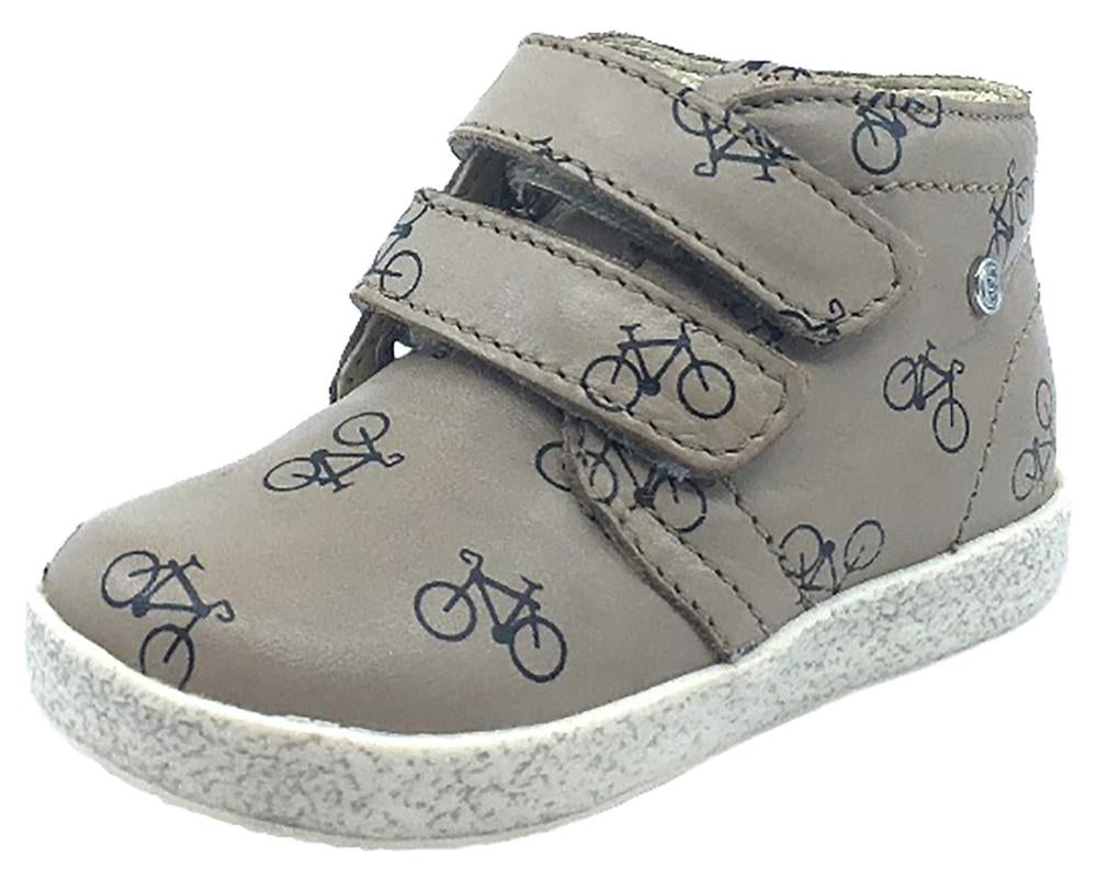 Falcotto Kids' Tan Bike Icon Printed Leather Double Strap High Top Sneakers - Unisex Children's Fashion Shoes for School, Play & Outdoor Activities