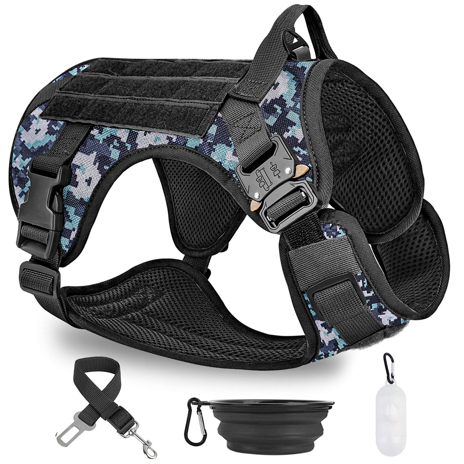 PAWDAY Tactical Dog Harness No Pull Vest for Large Medium Dogs - Adjustable Reflective Pet Harness with Front Leash Clip, Poop Bag Dispenser & Bonus Pet Bowl - Perfect for Training, Hunting, Walking, Hiking & Car Travel