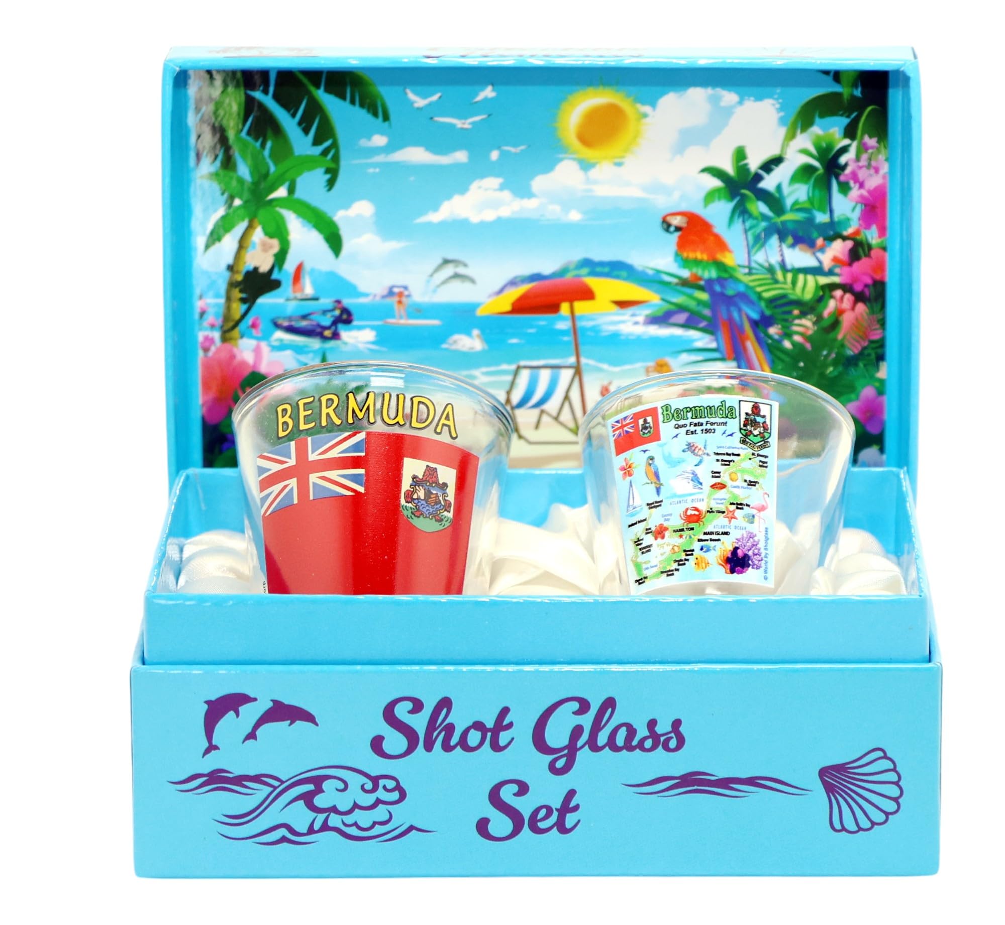 Premium Bermuda Caribbean Boxed Shot Glass Set (Set of 2) - Perfect for Cocktails, Parties & Tropical Themed Events