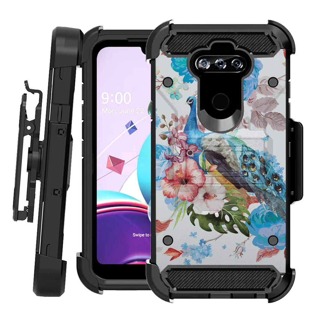 Rugged LG K8X Case with Kickstand & Holster - Heavy Duty Protection for US Cellular (Flower Peacock) - Perfect for Outdoor & Work Use