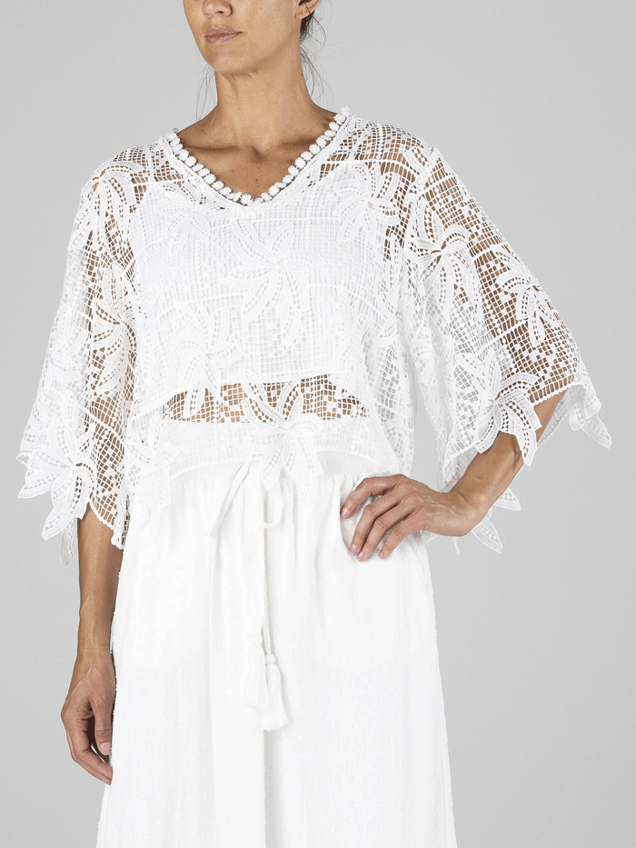 Miss Me MT2884L Women's Cropped Crochet Flowy Top - White | Boho Chic Summer Blouse for Beach, Music Festivals & Casual Outings