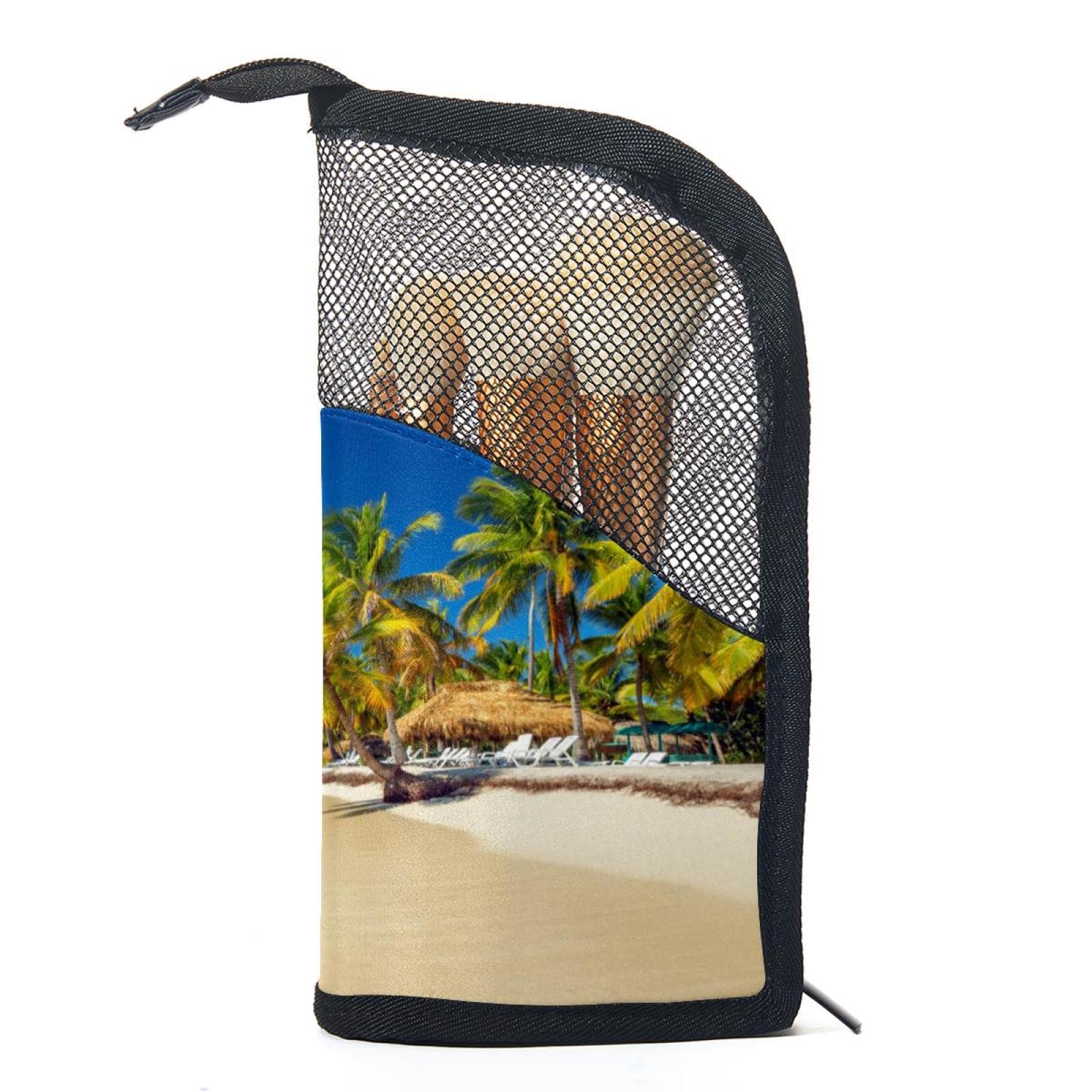 Premium 12-Piece Makeup Brush Organizer Bag with Tropical Beach Design - Portable Waterproof Cosmetic Brush Holder Case for Travel, Home & Professional Makeup Artists
