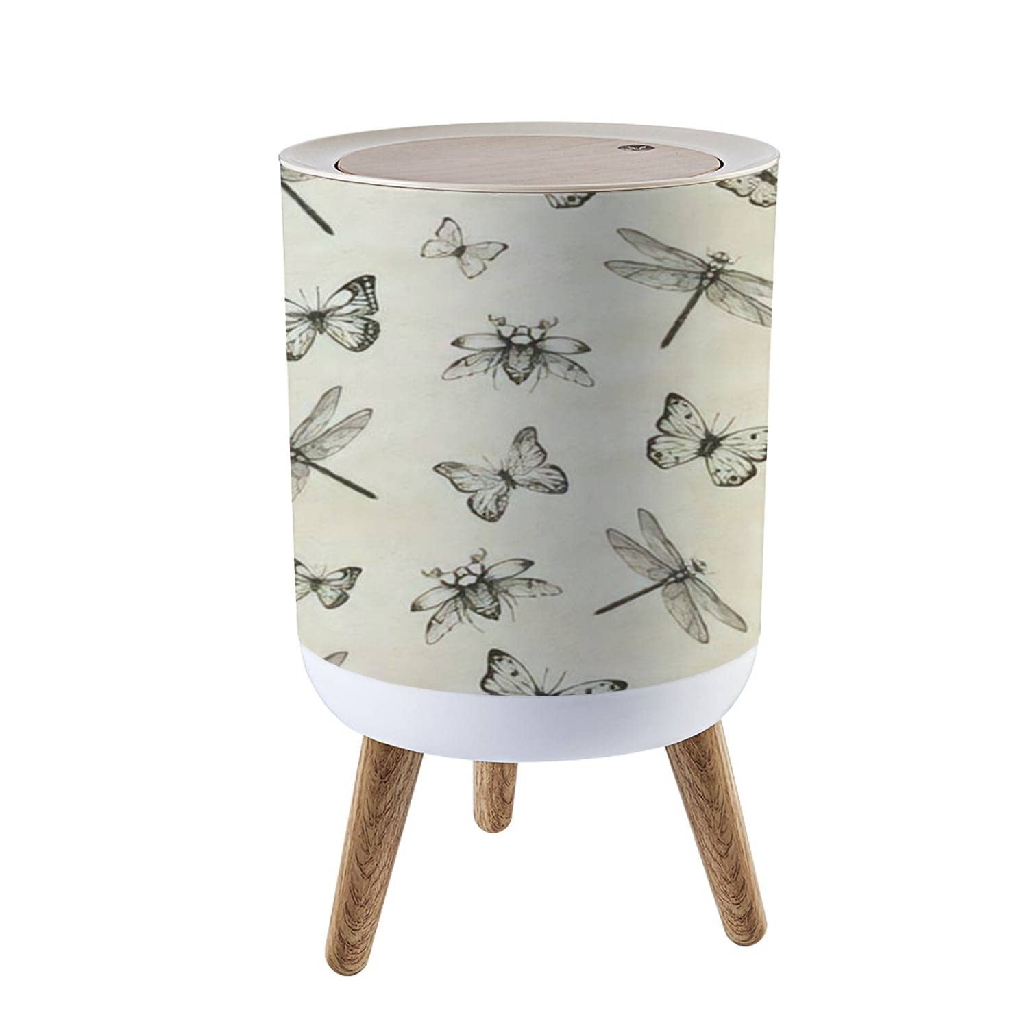 1.8 Gallon Small Trash Can with Lid - Seamless Round Waste Bin with Dragonfly, Cockchafer & Butterfly Design - Press Cover Dog Proof Garbage Bin for Kitchen, Bathroom, Living Room - Perfect for Home, Office & Pet-Friendly Spaces
