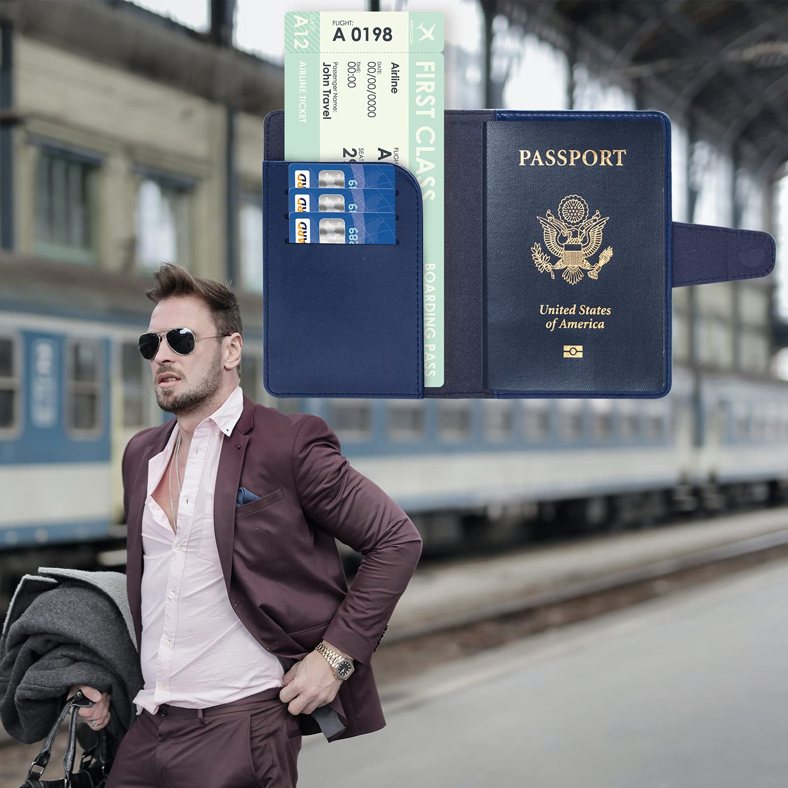 Premium RFID Blocking Passport Holder Wallet - Travel Essentials with Credit Card Slots & Air Ticket Pocket - Secure & Stylish Blue Passport Cover for International Trips & Business Travel