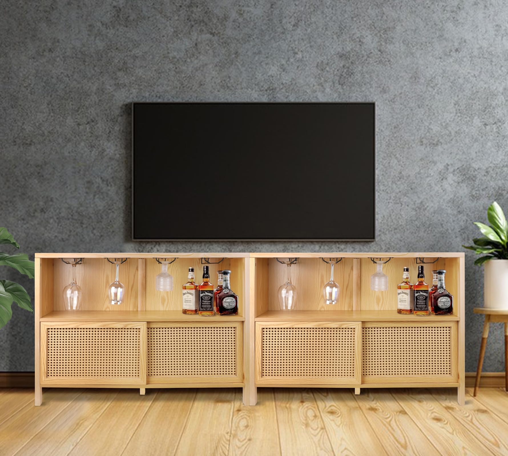 ZYBT Coffee Bar Cabinet with Storage - Modern Liquor Cabinet & Wine Bar for Home, Boho Rattan Bar Table with Glass Storage | Perfect for Kitchen, Living Room & Entertaining Guests