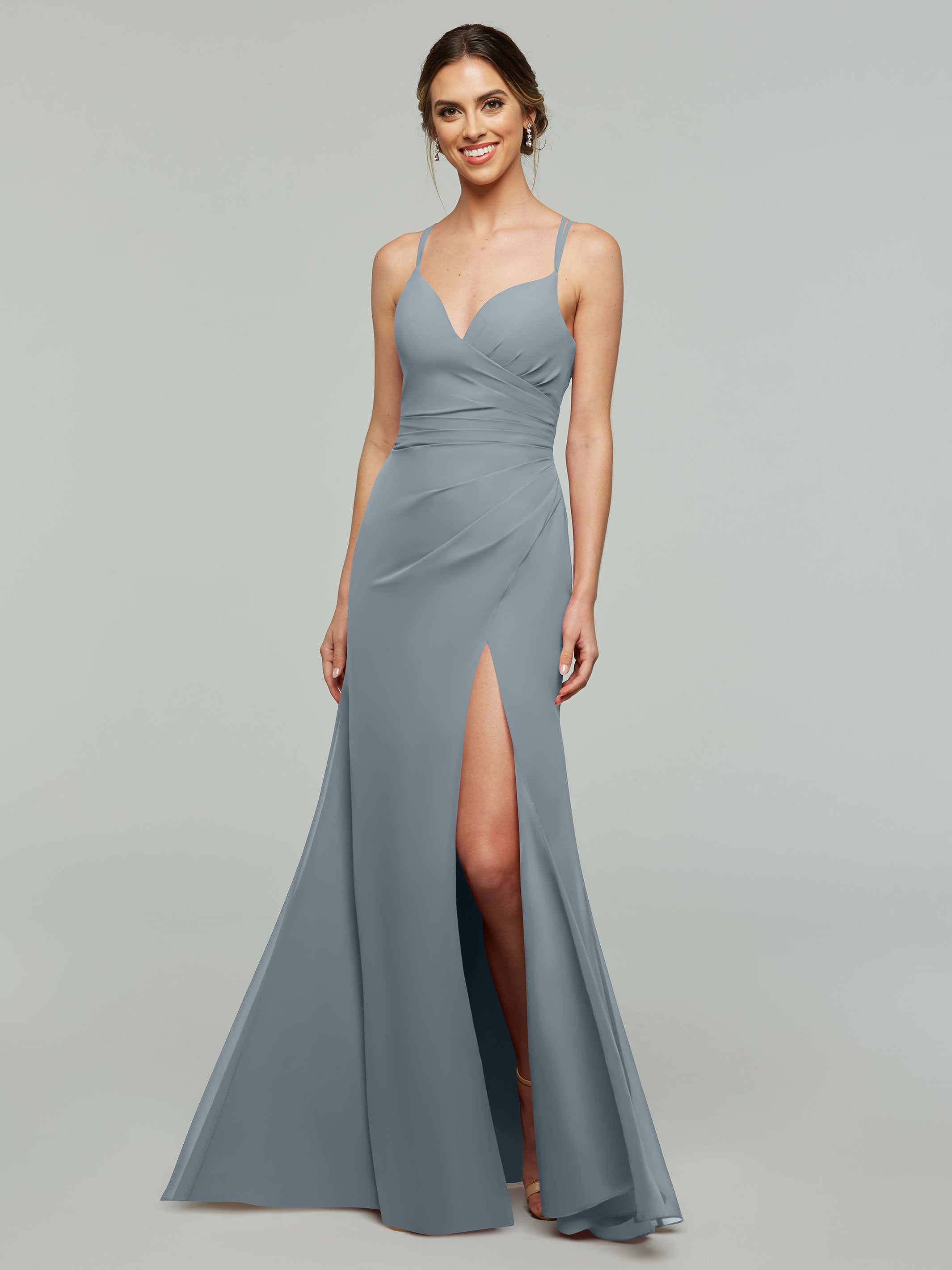Elegant 80130 Chiffon Sheath Bridesmaid Dress with V-Neck & High Slit - Perfect for Weddings, Formal Events & Evening Parties