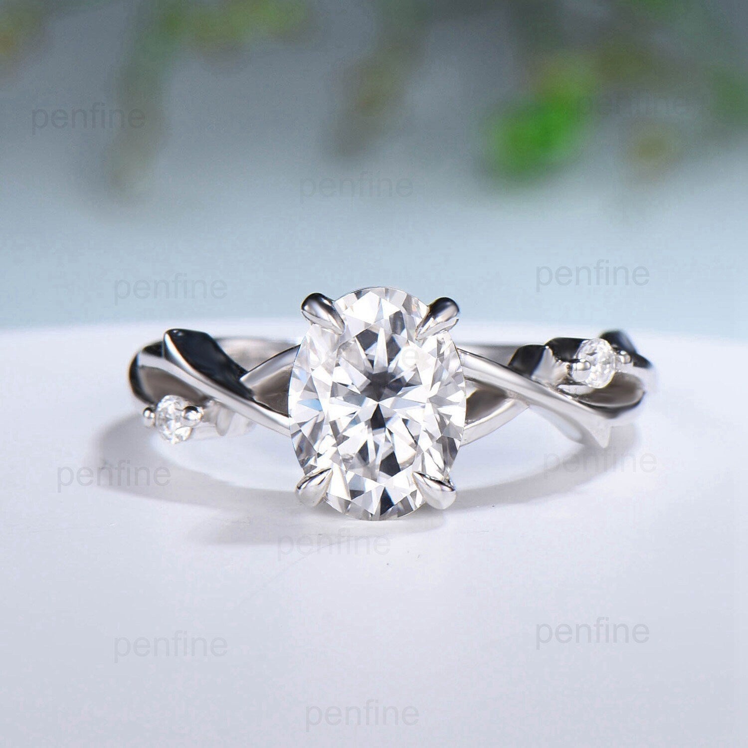 1.5CT Oval Brilliant Moissanite Engagement Ring Set in 14K White Gold - Nature Inspired Branch Design Vintage Bridal Wedding Ring Set for Her - Perfect for Proposals, Anniversaries & Special Occasions