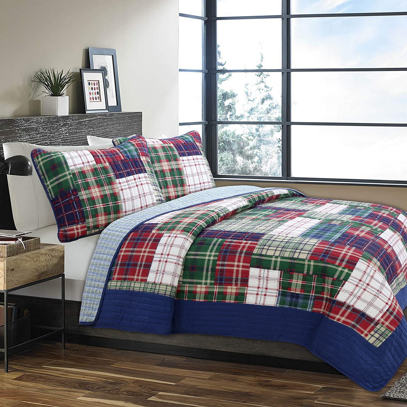Tartan Plaid Reversible 3-Piece Quilt Set - 100% Cotton Full/Queen Size Bedding - Cozy Bedroom Decor for Fall & Winter