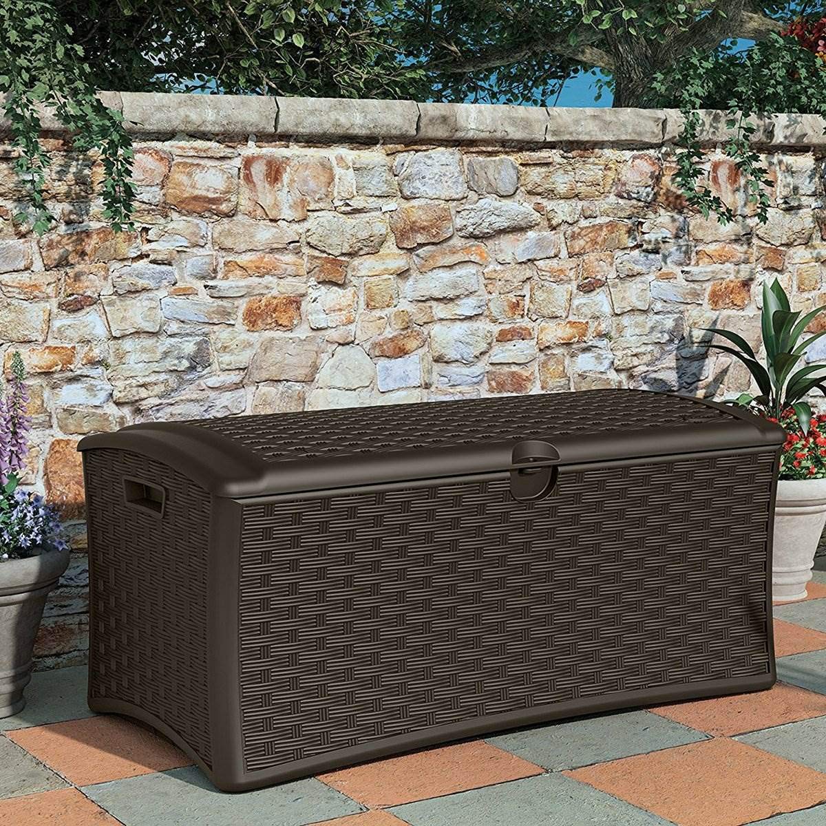 Suncast 72 Gallon Resin Wicker Outdoor Patio Storage Deck Box - Weatherproof Deck Box for Cushions, Pool Toys & Garden Tools - Brown (6 Pack) - Perfect for Backyard, Poolside & Patio Organization