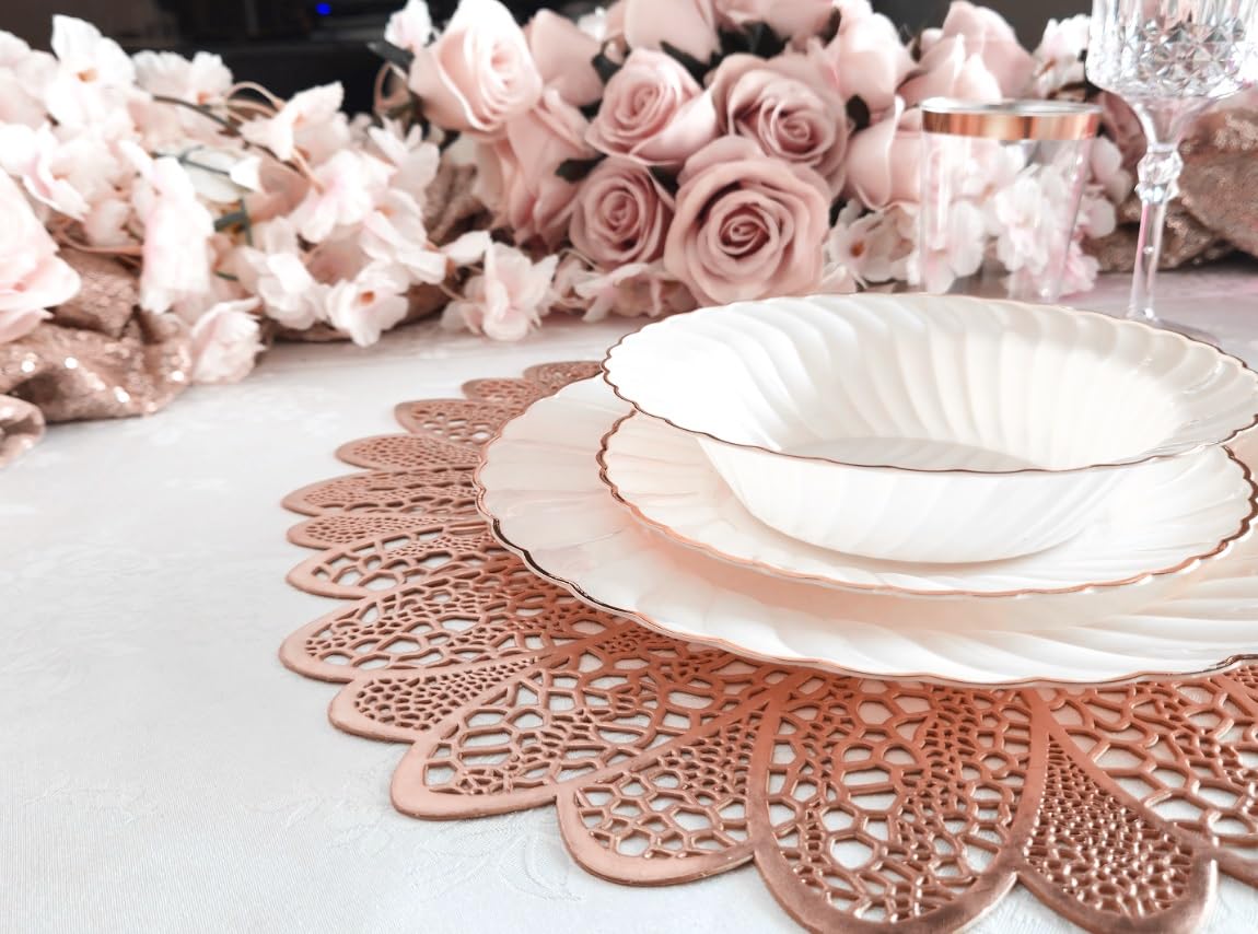 120-Piece Pressed Vinyl Metallic Placemats Set - Elegant Rose Gold Wedding Table Decor for Bridal Showers, Anniversary Parties & Formal Dining