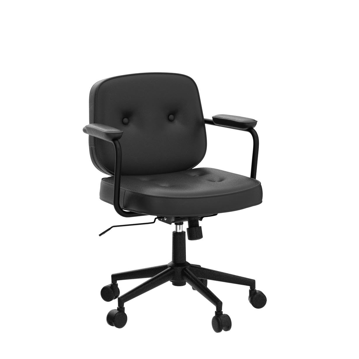 LukeAlon Adjustable PU Leather Office Chair - 360° Swivel Ergonomic Desk Chair with Armrests, Thickened Seat & Tilt Function for Home Office, Study or Gaming - Modern Button Tufted Computer Chair in Black