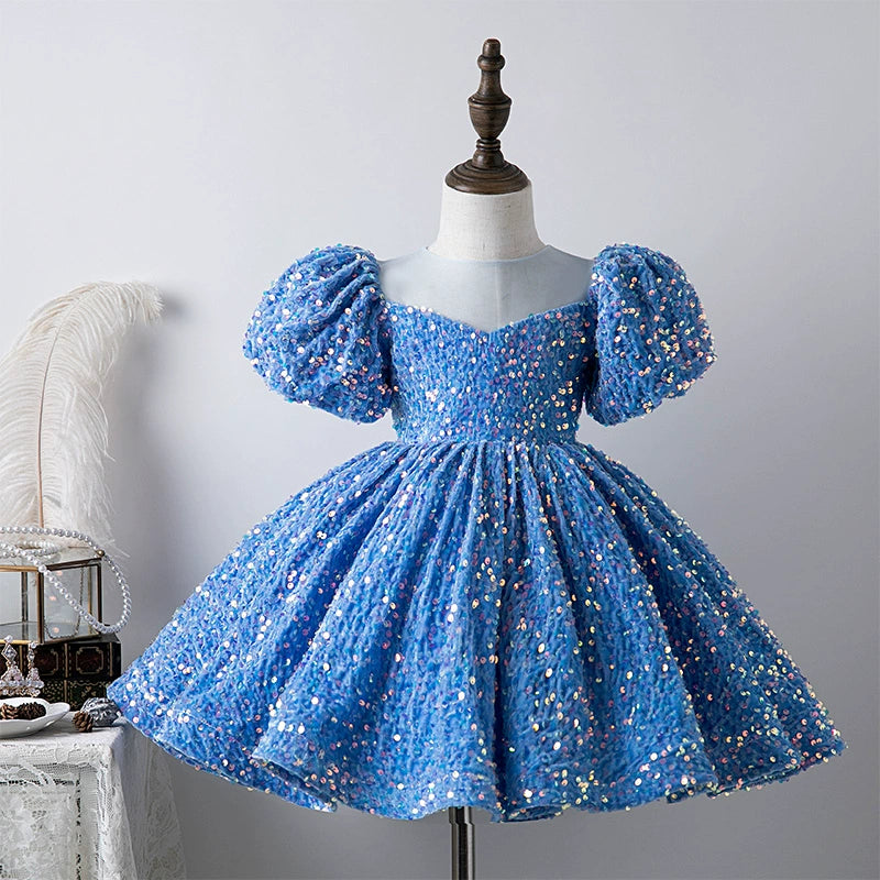 Royal Blue Princess Round Tea-Length Sequined Flower Girl Dress for Weddings & Special Occasions - Perfect for Bridal Parties & Formal Events