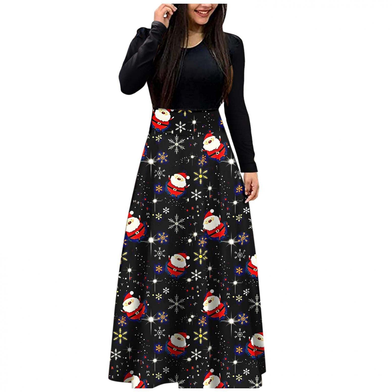 NLOMOCT Women's Fall Maxi Dress - Long Sleeve Round Neck Floral Print Party Dress for Christmas, Wedding Guest & Special Occasions | Elegant Evening Wear for Holiday Gatherings
