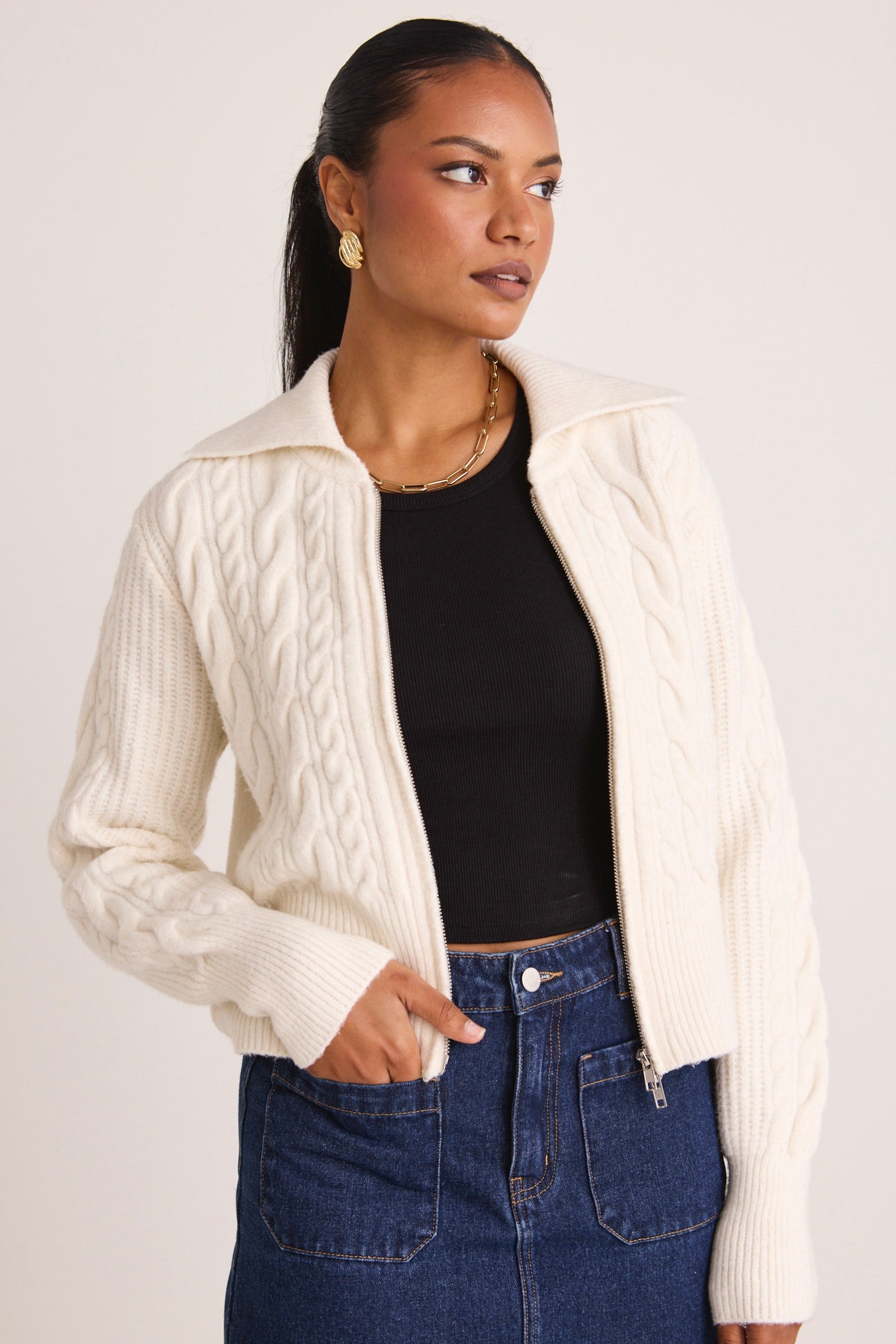 Central Ivory Zip Through Knit Jumper - Women's Casual Pullover Sweater for Fall & Winter | Perfect for Office, Travel and Everyday Wear