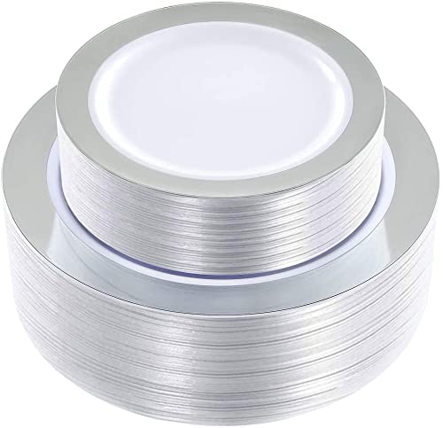 102-Piece Silver Plastic Plates & 180-Piece Silver Plastic Cutlery Set - Elegant Disposable Tableware for Parties, Weddings, and Events