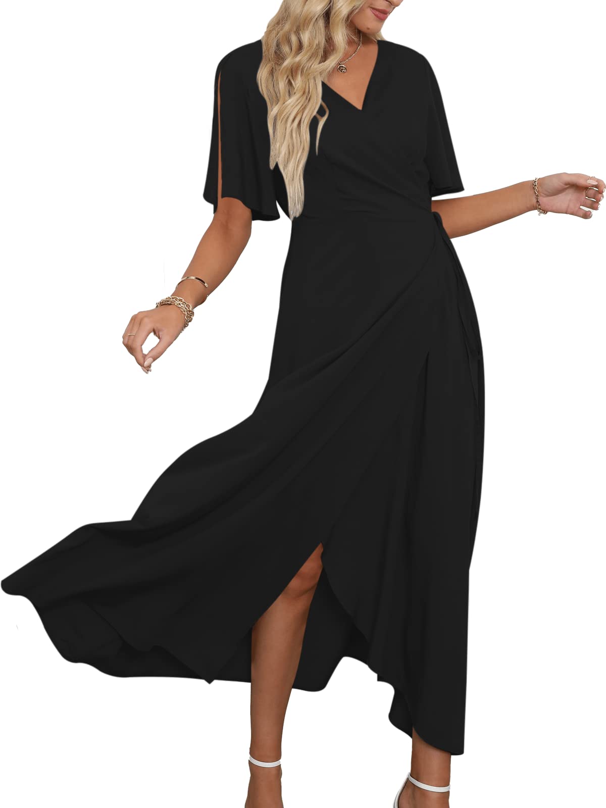 DEEP SELF Women's Summer V-Neck Short Sleeve Wrap Maxi Dress with Waist Tie - Flowy Casual Long Dress for Beach, Vacation & Date Night