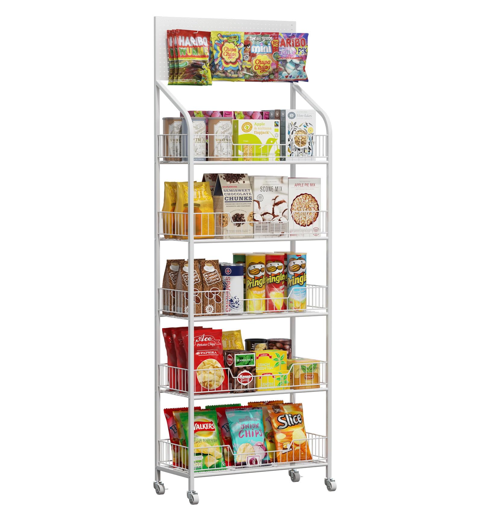 5-Tier Metal Wire Snack Display Stand with Wheels & Hooks - Heavy Duty Candy, Potato Chip & Concession Organizer Rack - Perfect for Retail Stores, Supermarkets & Convenience Stores