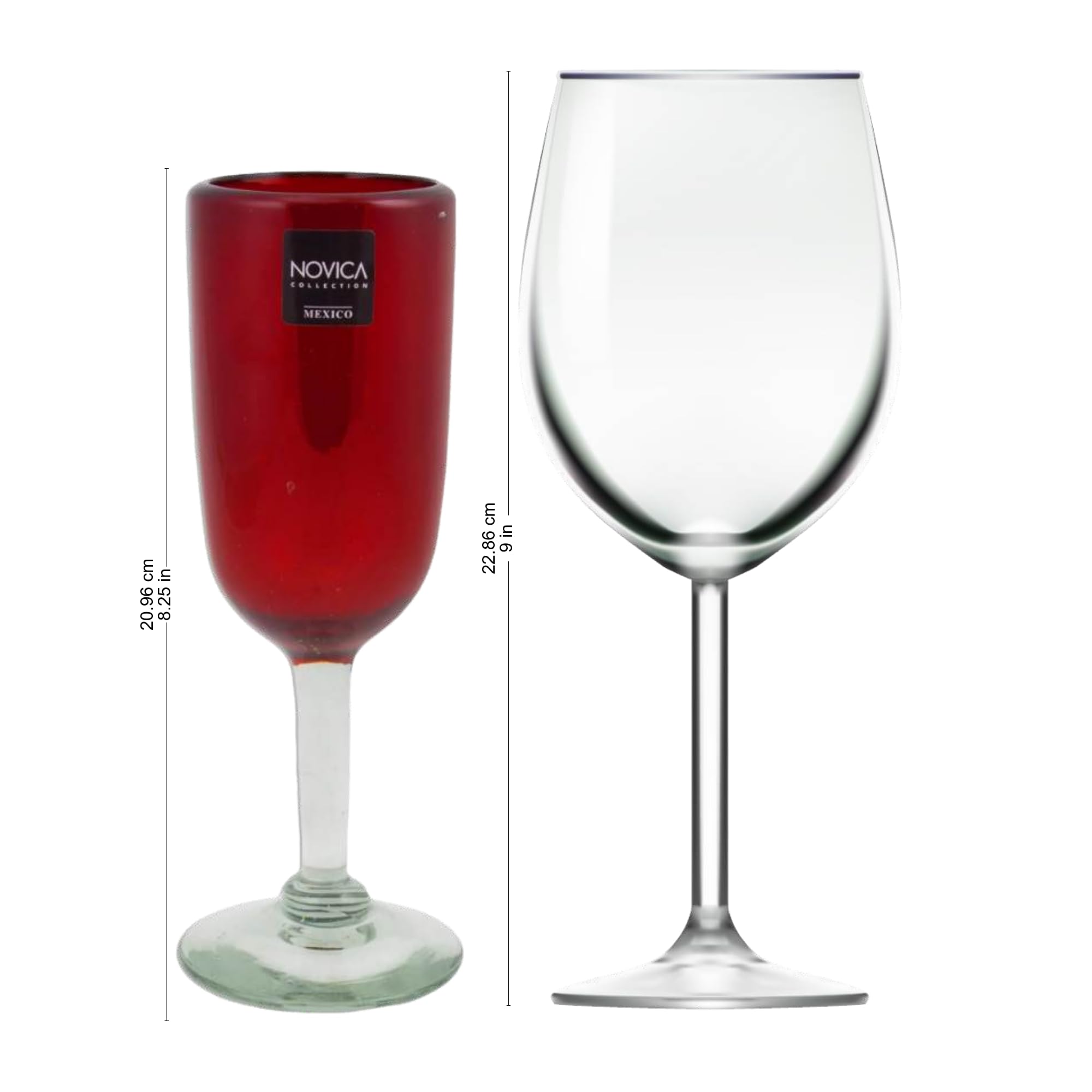 Hand Blown Recycled Glass Champagne Flutes - Set of 2 Red Wine Glasses 8.25