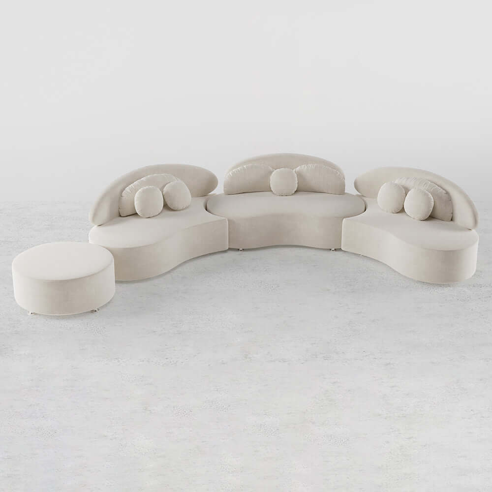 Modern 7-Seat Round Sectional Sofa - Beige Velvet Upholstered with Ottoman & Throw Pillows | Luxury Living Room Furniture for Home Theater & Family Gatherings