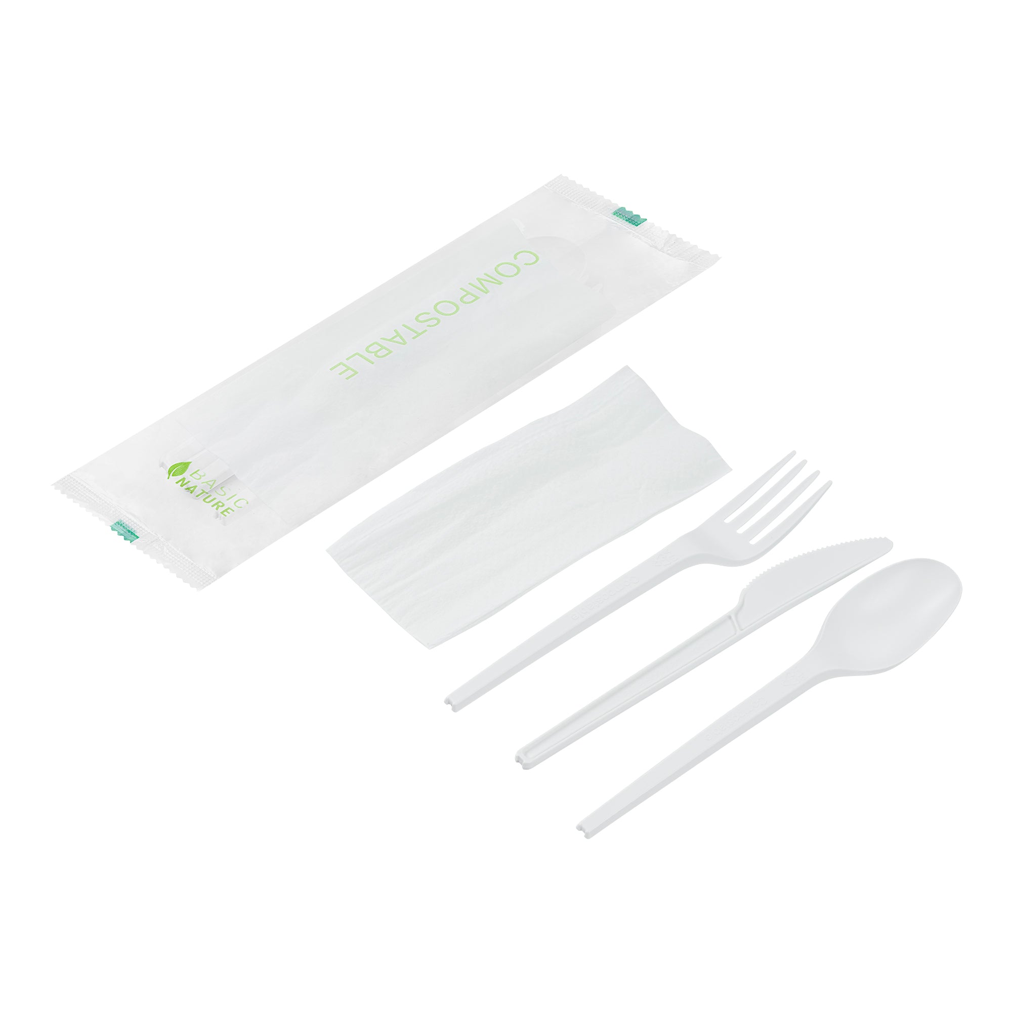 Eco-Friendly Compostable CPLA Plastic Cutlery Set - 100-Piece Box with Heat-Resistant Forks, Knives, Spoons & White Napkins | Perfect for Parties, Picnics, Catering & Zero-Waste Events