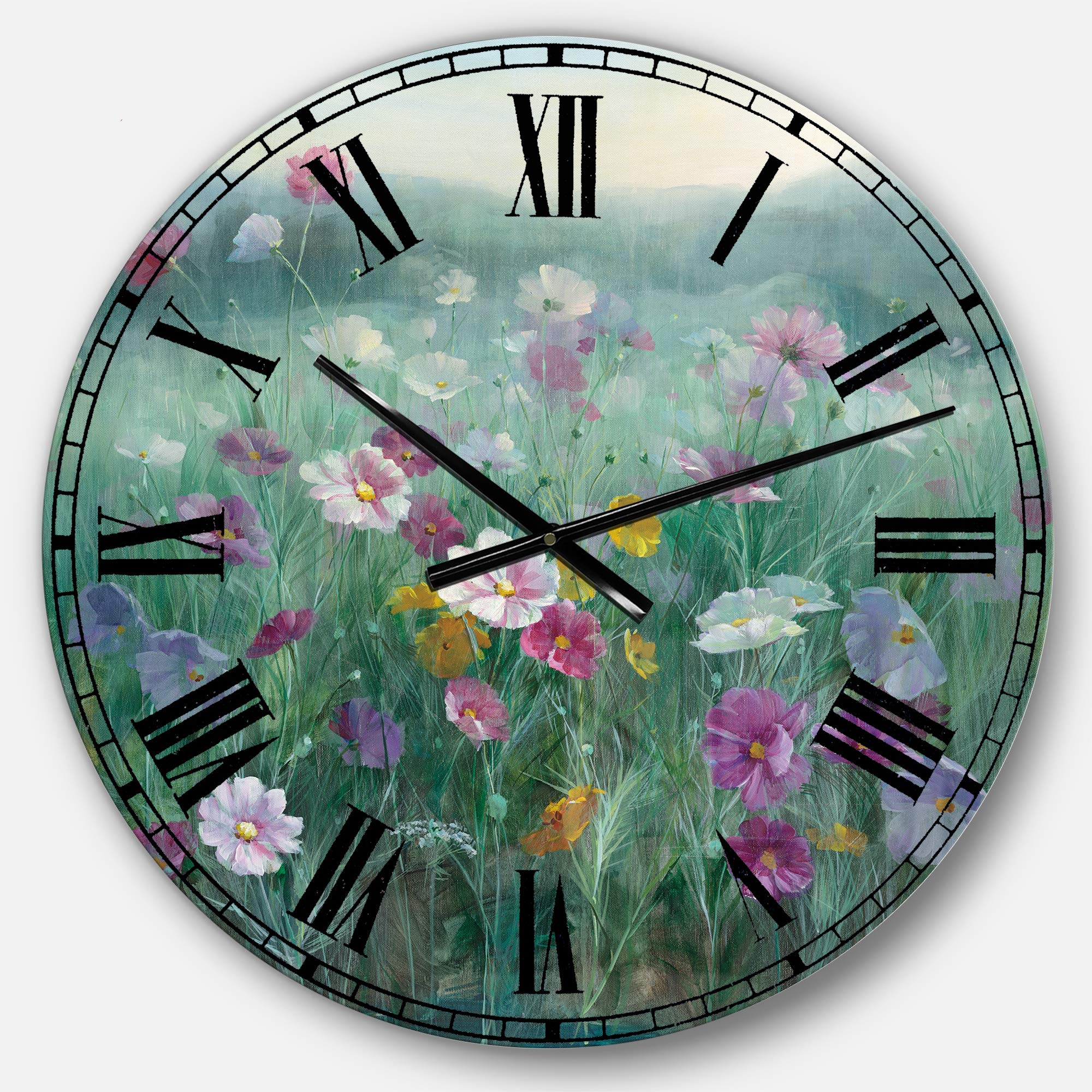 Designart Flower Field Wall Art - Farmhouse Round Metal Wall Clock for Home, Living Room, Bedroom & Office Decor | Perfect for Rustic, Vintage & Boho Interior Design Styles