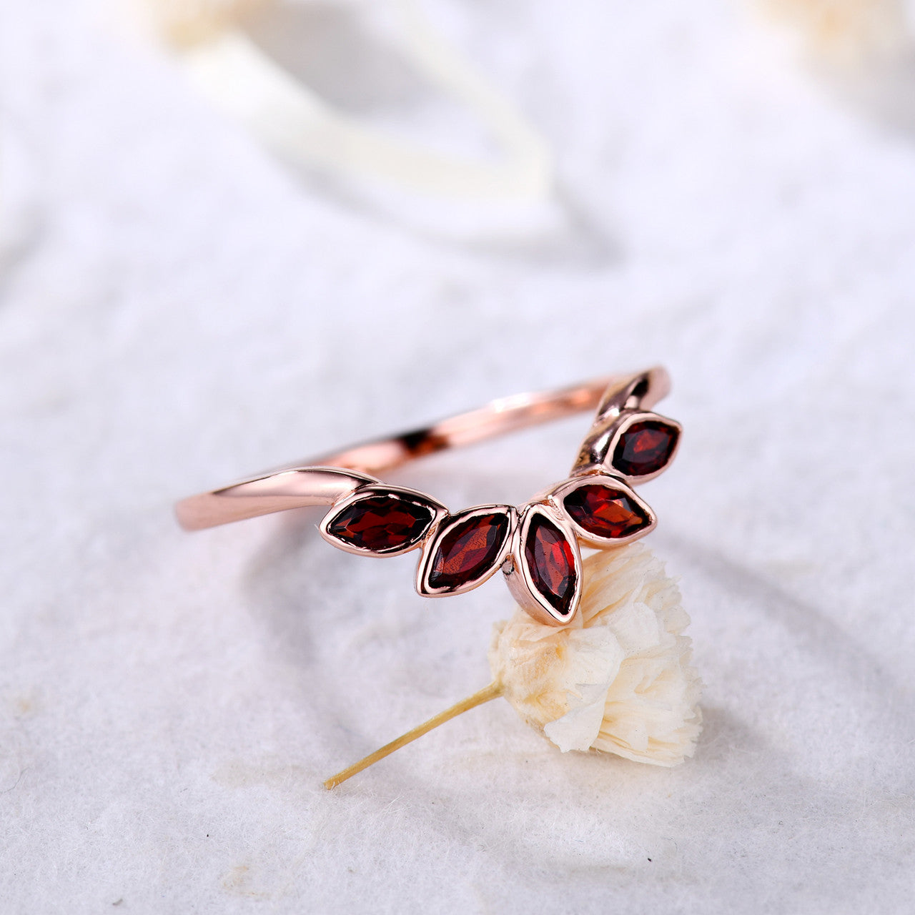 Rose Gold Marquise Shaped Garnet Wedding Band - Curved Matching Engagement Ring for Women, Perfect for Bridal Sets, Anniversary Gifts & Romantic Occasions