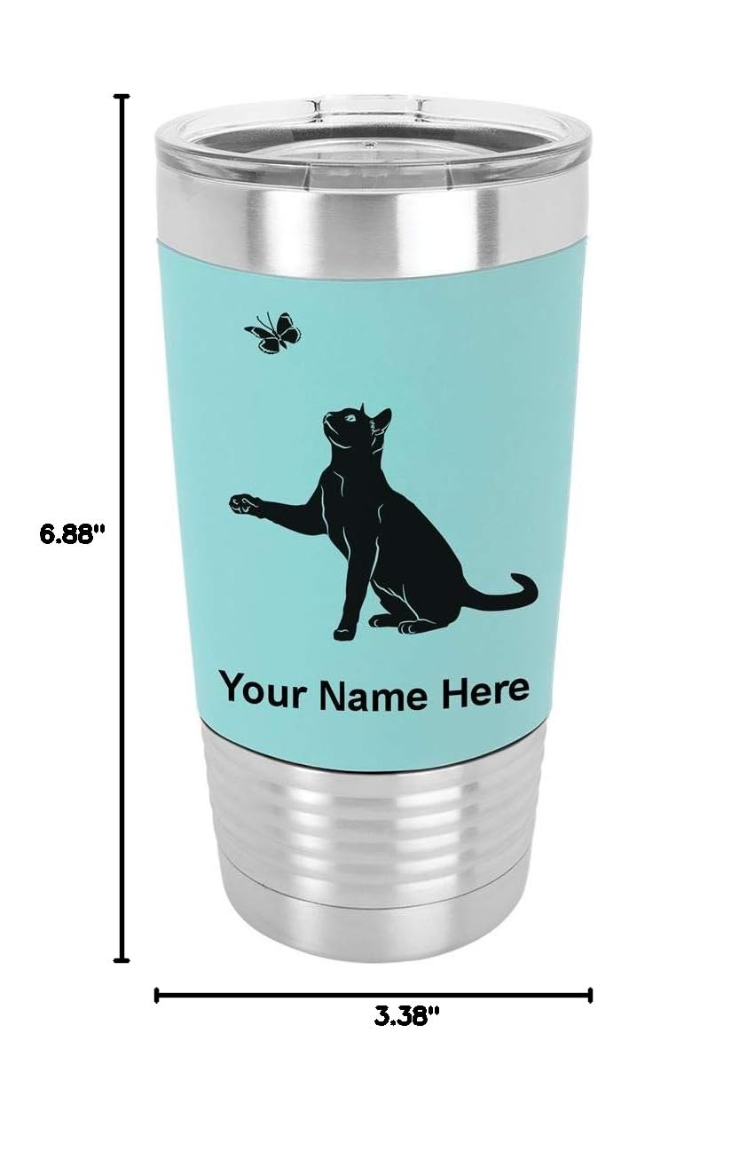 LaserGram 20oz Vacuum Insulated Stainless Steel Tumbler Mug with Silicone Grip - Personalized Engraving Cat with Butterfly Design - Leakproof Travel Coffee Cup for Office, Gym & Outdoor Activities (Teal)