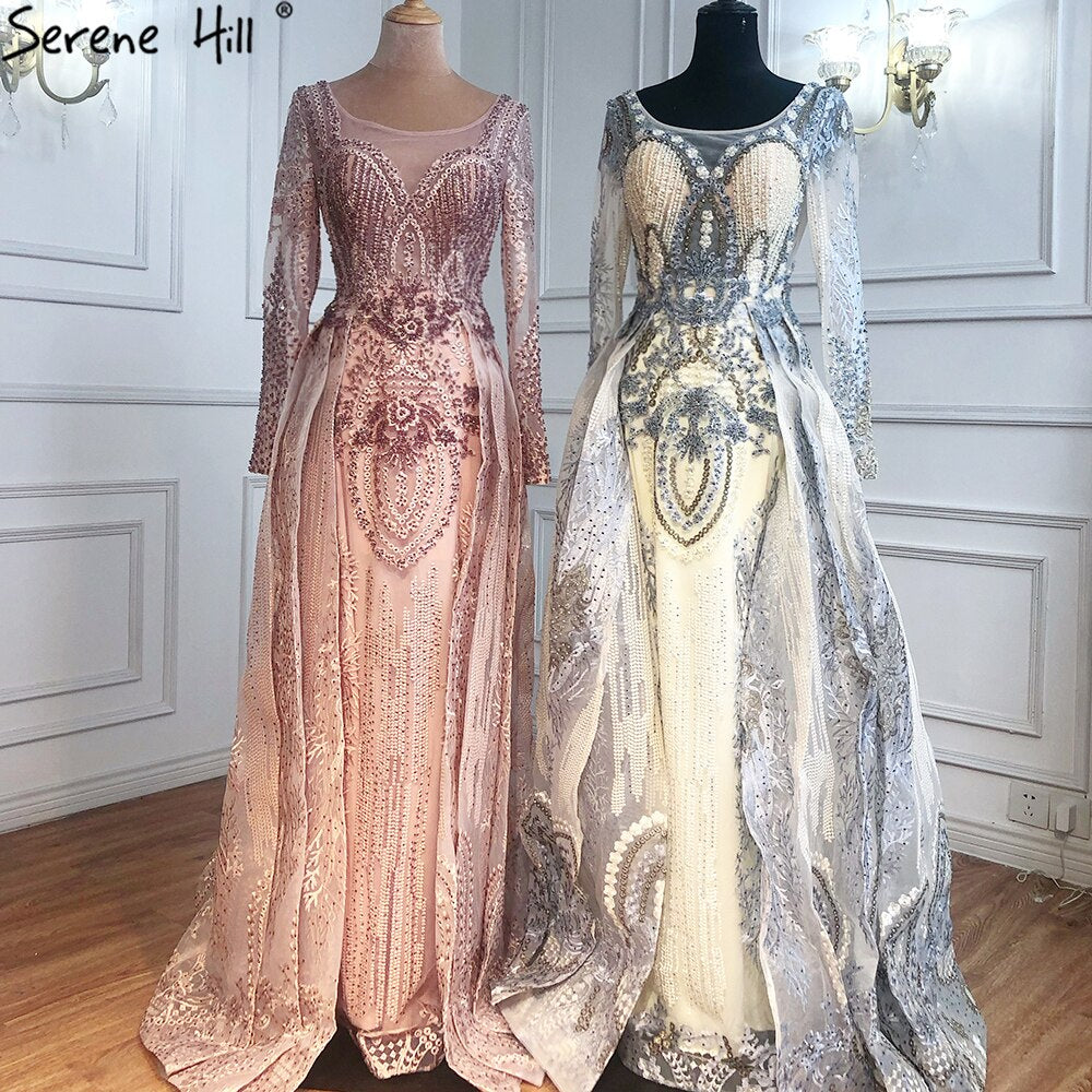 Luxury Muslim Gold Evening Dress with Overskirt - 2025 Lace Beaded Crystal Gown for Women | Formal Party, Wedding, Prom & Special Occasions