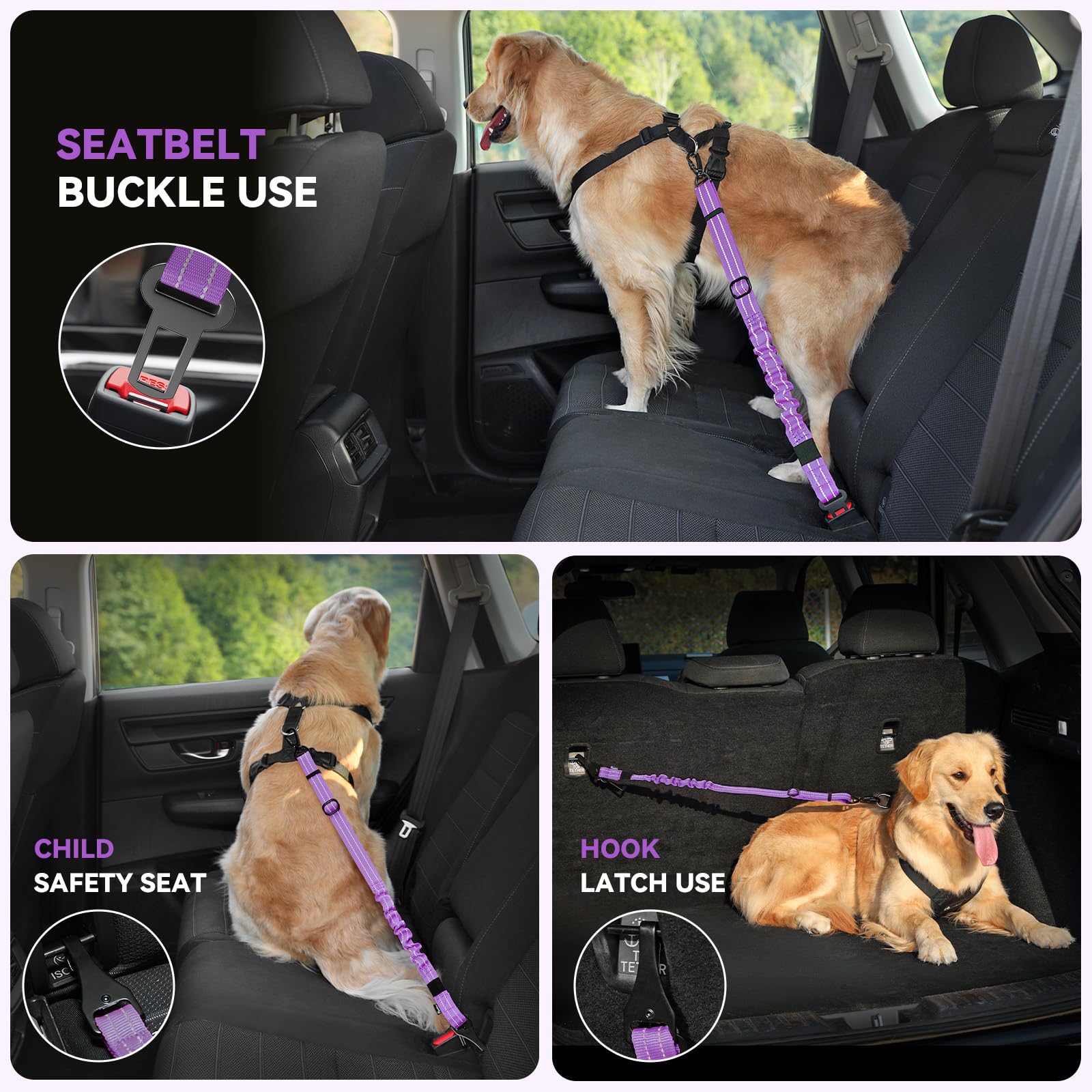 Pawaboo 2-Pack Adjustable Reflective Dog Car Seat Belt with Shockproof Bungee, 360° Lockable Buckle & Hook Latch - Purple | Safe Pet Travel Harness for Cars, SUVs & Road Trips | Perfect for Small to Medium Dogs