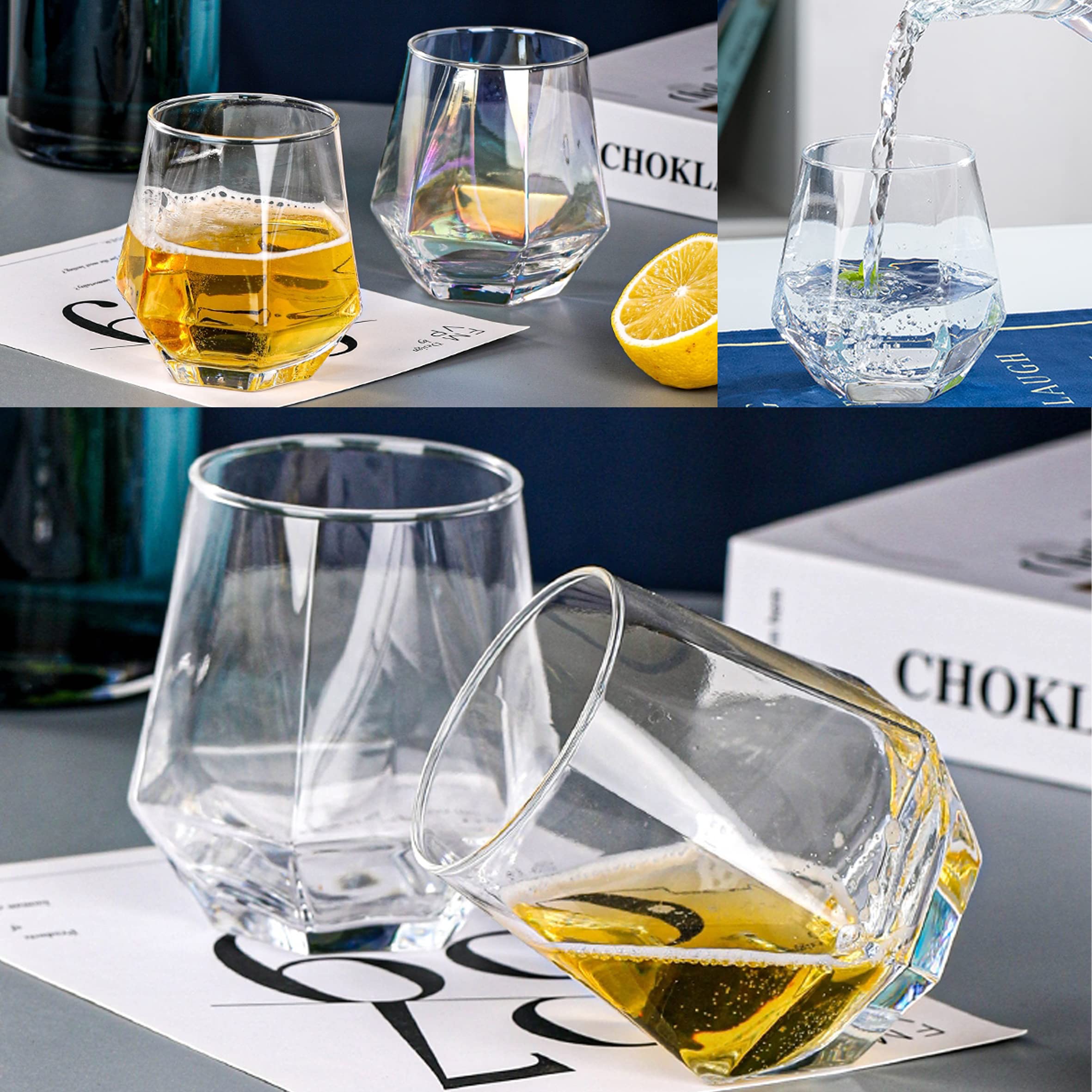 Premium NAVACALA Diamond Whiskey Glasses Set of 4 - 300ml Tilted Scotch Glasses for Bourbon, Rum & Cocktails - Crystal Clear Bar Tumbler for Juice, Water & Whisky - Perfect for Home Bars, Gifts & Entertaining