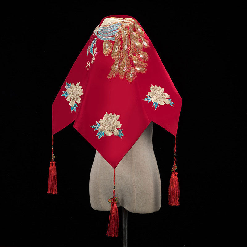 Exquisite Red Embroidered Peacock Wedding Veil for Brides | Chinese Traditional Bridal Headpiece | Perfect for Wedding Ceremonies, Cultural Performances & Photo Shoots