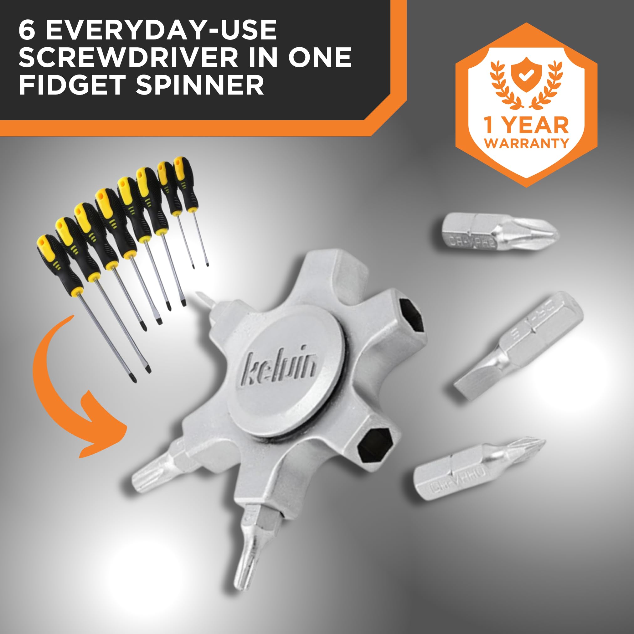 Kelvin Tools Kelvin 07 Fidget Spinner Multitool - Pocket Spinner with 6 Chromoly Steel Bits (2 Flat, 2 Phillips, 2 Torx) | Compact Screwdriver for Adults | Perfect for Office, Home Repair, Camping & EDC Gear