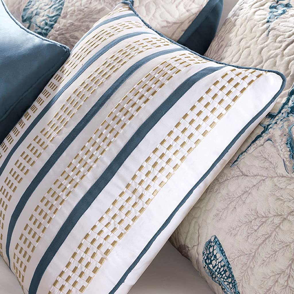 Navy & Beige Seashell Beach House Nautical Full/Queen Quilt Set with Shams & Toss Pillows - 6 Piece Coastal Bedding Collection for Beachfront Homes, Vacation Rentals & Nautical Themed Bedrooms