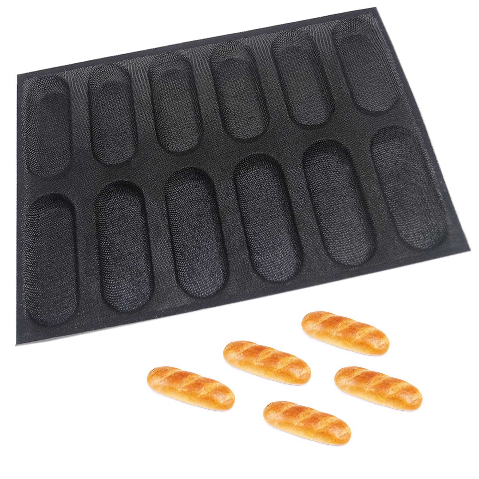 Non-Stick Silicone Bread Loaf Pan Set - 12 Mini Baguette & Perforated Hot Dog Bun Baking Molds with Liners | Perfect for Homemade Bread, French Baguettes, Hot Dog Buns & Party Snacks | Dishwasher Safe & Easy Clean