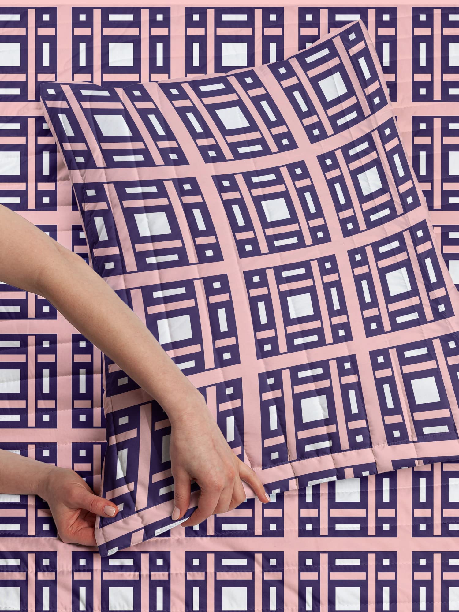Ambesonne Geometric Microfiber Bedspread Set - Queen Size with Symmetrical Square & Rectangle Pattern in Dark Purple Blush White | Soft Bedding Set Includes Comforter & Pillow Shams | Perfect for Modern Bedroom Decor & Guest Room Styling