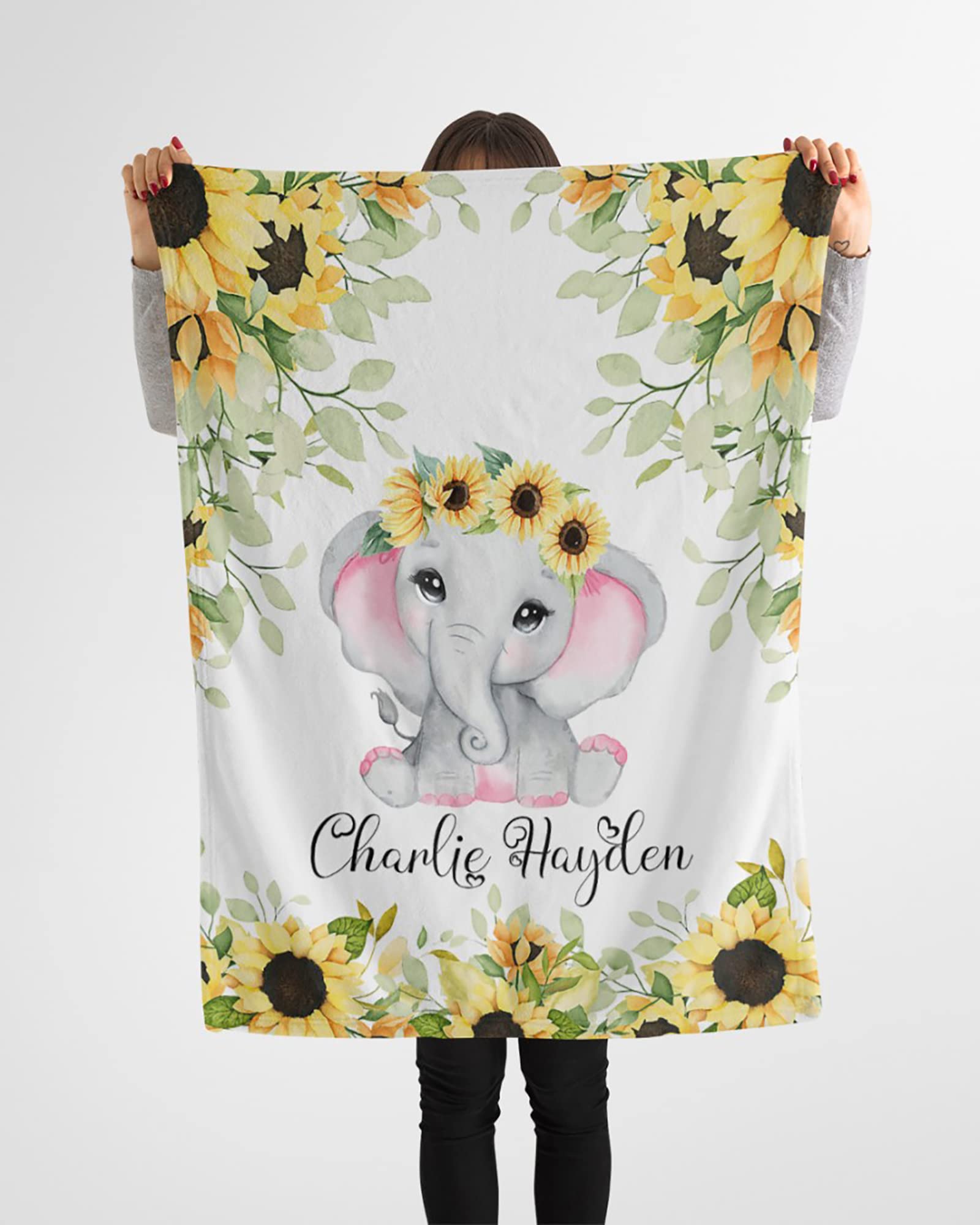Personalized Baby Blanket for Girls - Custom Elephant & Sunflower Design - Soft & Cozy Baby Shower Gift for Newborns - Perfect for Nursery, Photo Shoots, and Special Occasions