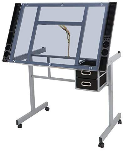 Adjustable Drafting Table with Tempered Glass Top - Folding Drawing Desk for Artists & Crafters, 2 Slide-Out Storage Drawers & Wheels - Perfect for Home Studio, Office & Classroom Workspaces