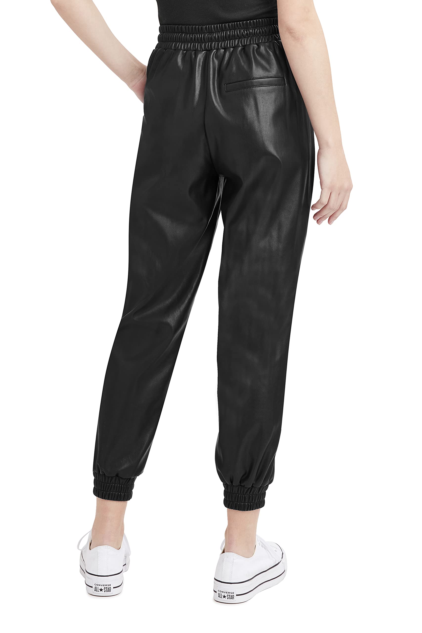 BCBGeneration Women's Faux Leather Joggers with Drawstring Waist - Stylish Comfort Pants for Casual Wear, Running Errands & Lounge Outfits