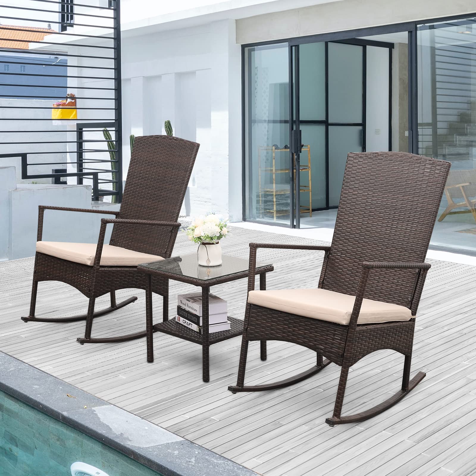 Outdoor PE Wicker Rocking Chair Set - 3-Piece Patio Furniture with 2 Rocking Armchairs & Glass Coffee Table, Washable Rattan Cushions (Khaki) - Perfect for Garden, Porch, and Backyard Relaxation