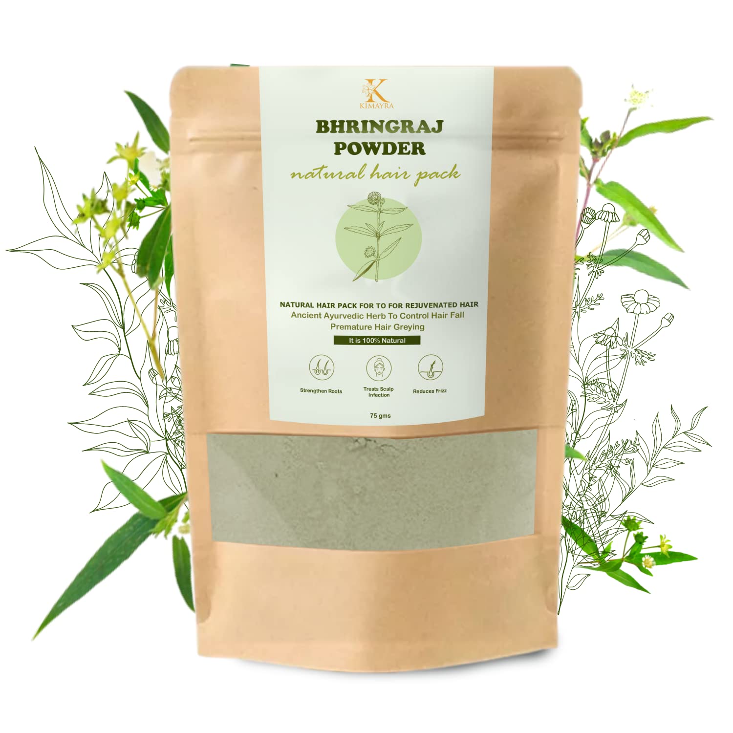Kimayra Bhringraj Powder for Hair Growth & Frizz Control | Natural Ayurvedic Hair Pack to Strengthen Roots | Organic Hair Care Treatment for Men & Women (All Hair Types) – 75g | Promotes Thicker, Healthier Hair for Daily Use & Scalp Massage