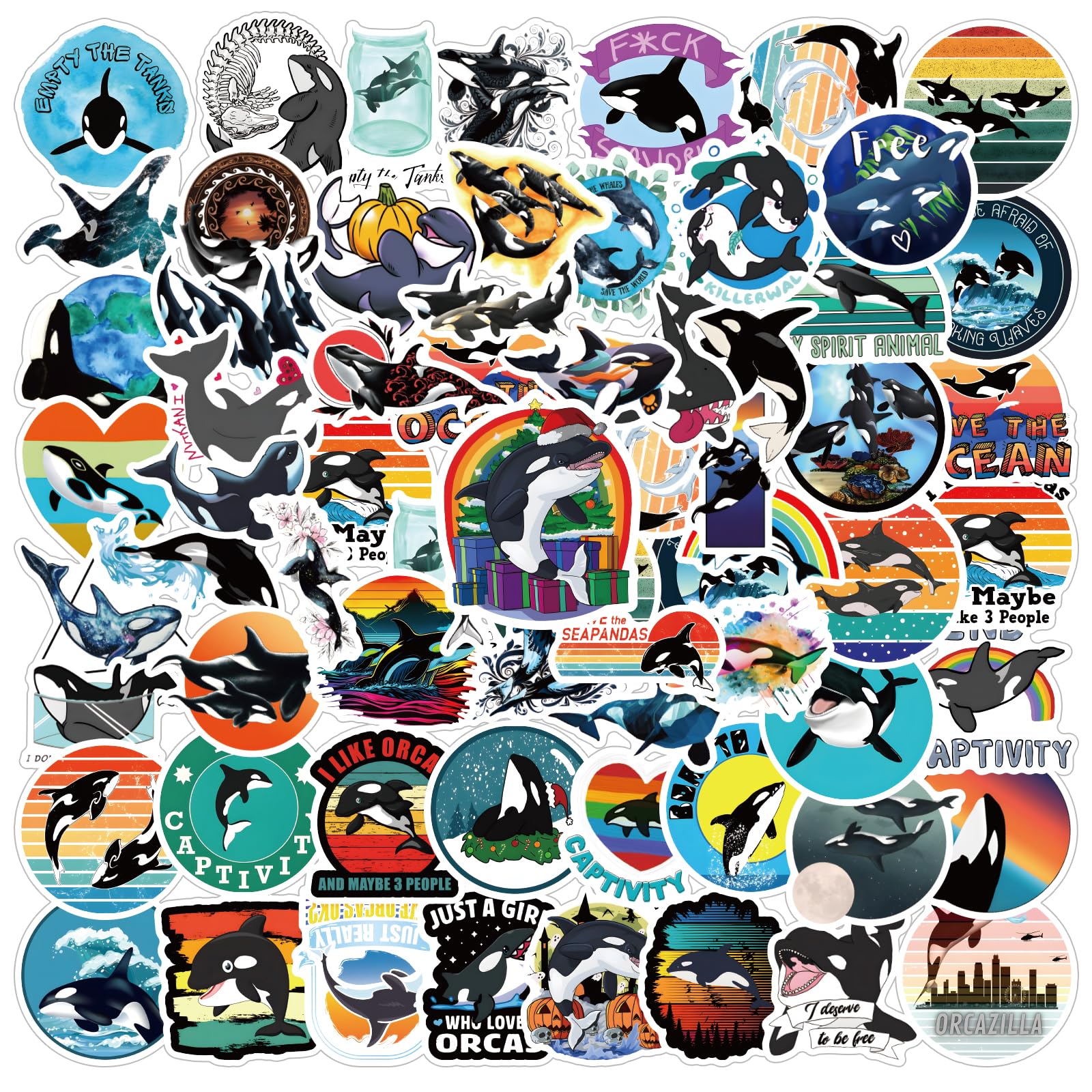 62Pcs Orca Stickers Pack - Waterproof Marine Life Vinyl Decals for Water Bottles, Laptops, Phones, Skateboards | Perfect for Scrapbooking, Party Decorations & Gifts for Kids, Teens & Adults | Great for Ocean-Themed Parties, School Projects & DIY Crafts