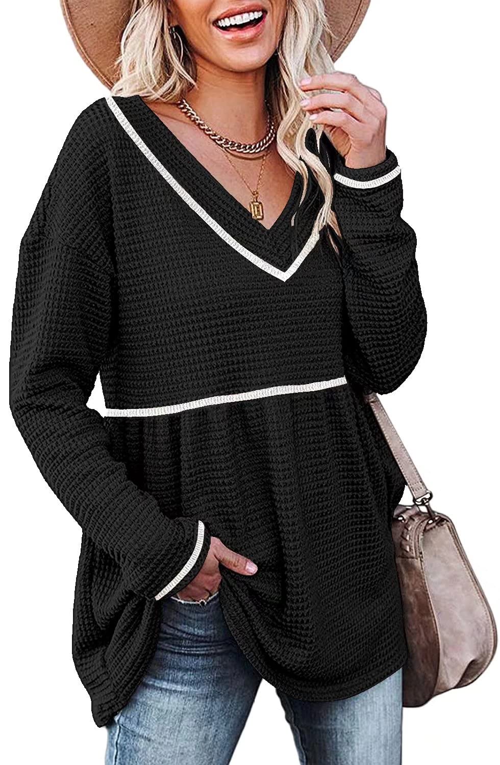 SPESLOOK Women's Waffle Knit Long Sleeve V-Neck Blouse - Soft Stretchy Peplum Tunic Top for Casual Wear, Office & Date Night Outfits